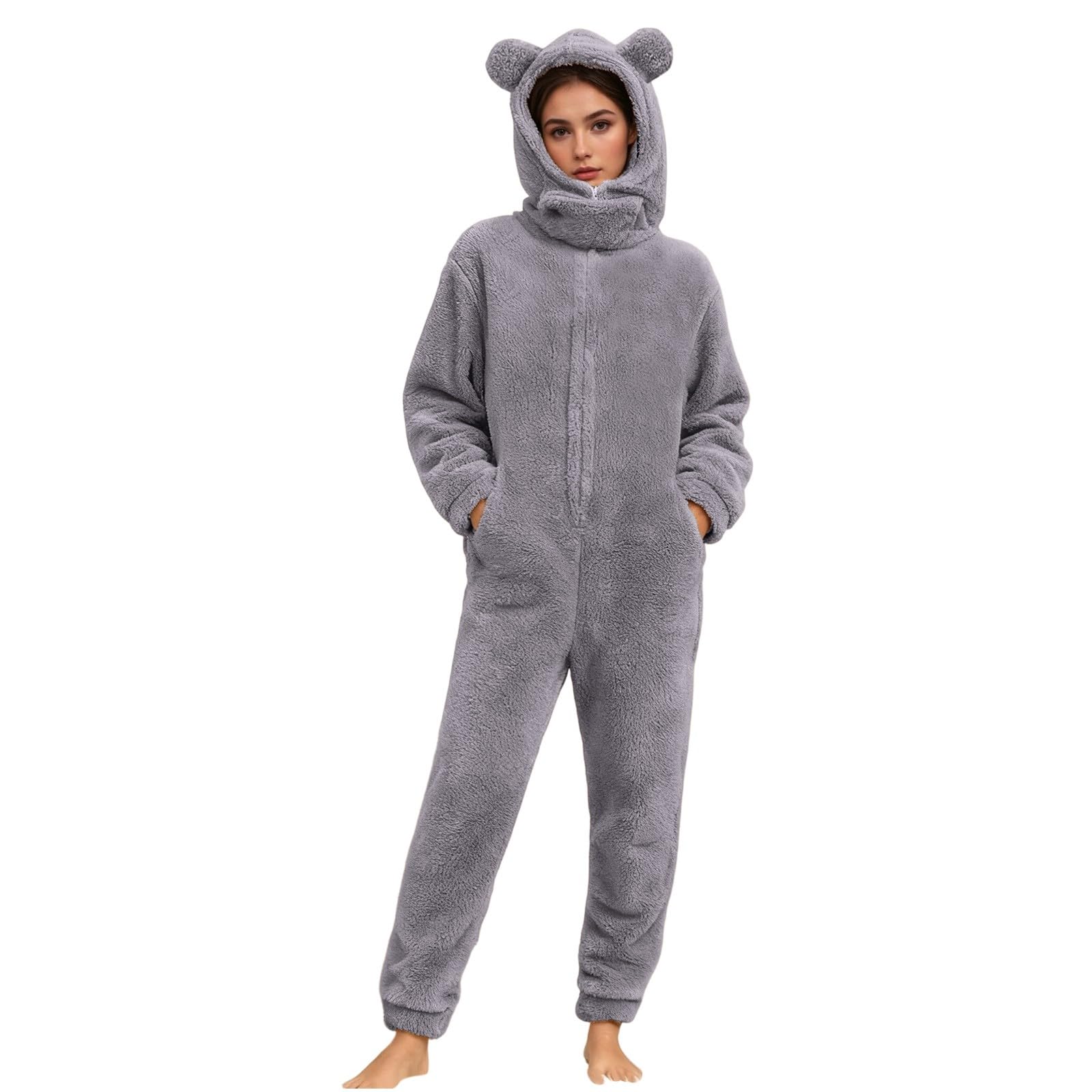 Men's Long Pyjamas Soft Fleece Onesie Onesie Plush Pyjamas with Bear Ears Set of 2: Hooded Top and Trousers with Hood that Covers the Face