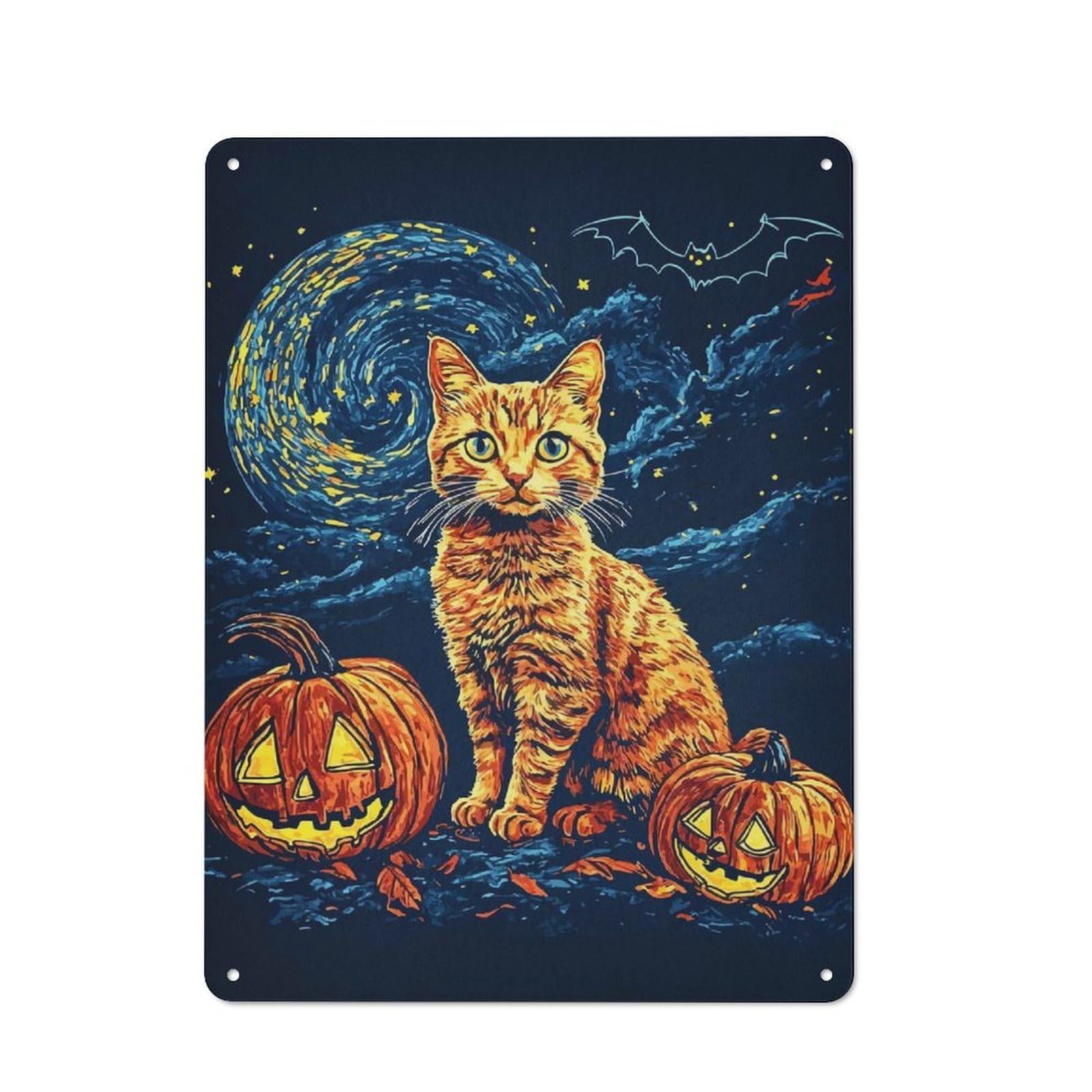 Junmoney Halloween Cat & Pumpkins Printed Metal Sign 40X30cm For Café Or Restaurant, For Hospitality Interior Collectors