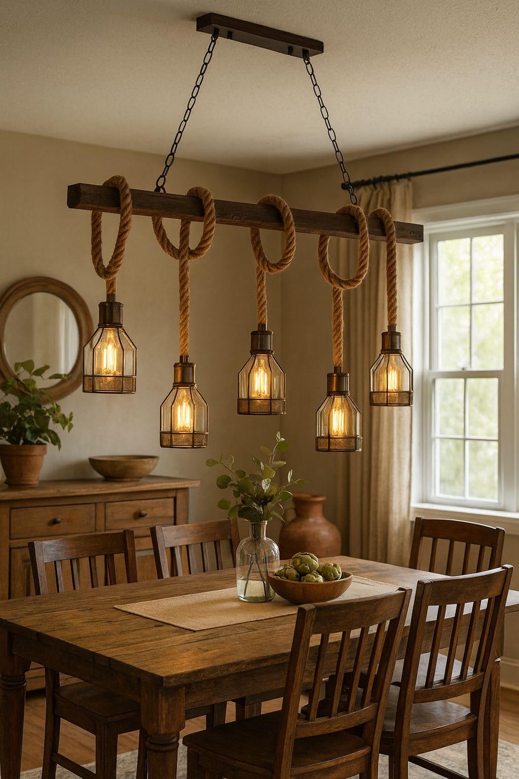 Lampadario Industriale a Sospensione 5 Luci E27, Stile Vintage Rustico con Corda di Canapa e Legno, Lampada a Soffitto per Cucina Sala da Pranzo Bar Ristorante – A91-5