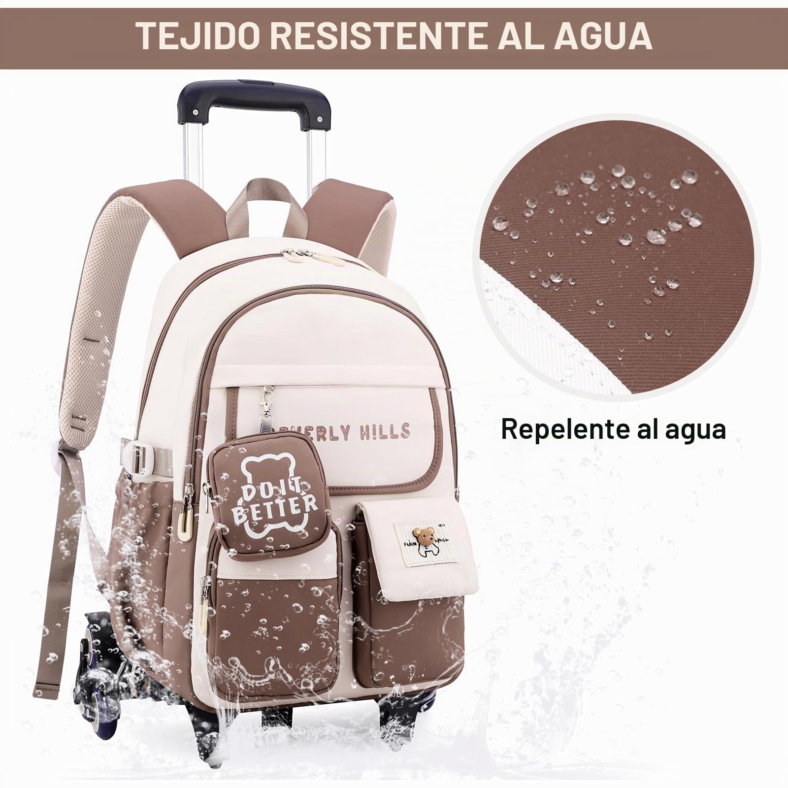 IvyH Mochila con Ruedas para Niñas Niños, Mochila Escolar Adolescentes 6 Ruedas, Carro Mochila Primaria para Chicas Chicos (Marrón)