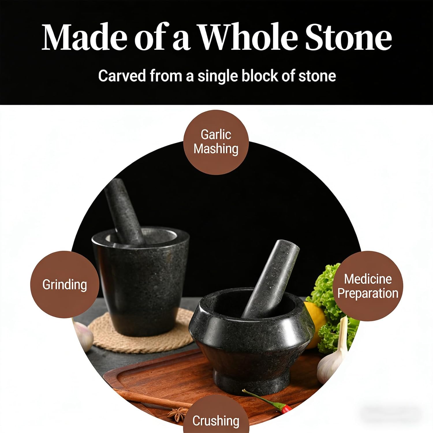 Large Stone Grinding Bowl and Pounder Set Excellent for Preparing Ingredients Dried Items and Homemade Sauces Kitchen Gadget Set