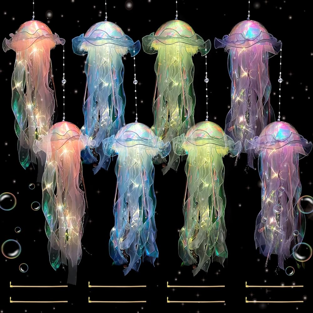 Hojalis 8Pcs Jellyfish Light, Hanging Jellyfish Lamp, Creative Glowing Jelly Fish Night Light, Jelly Fish Lanterns, Jellyfish Garden Lights for Ocean Theme Party Yard Landscape Garden Ornament