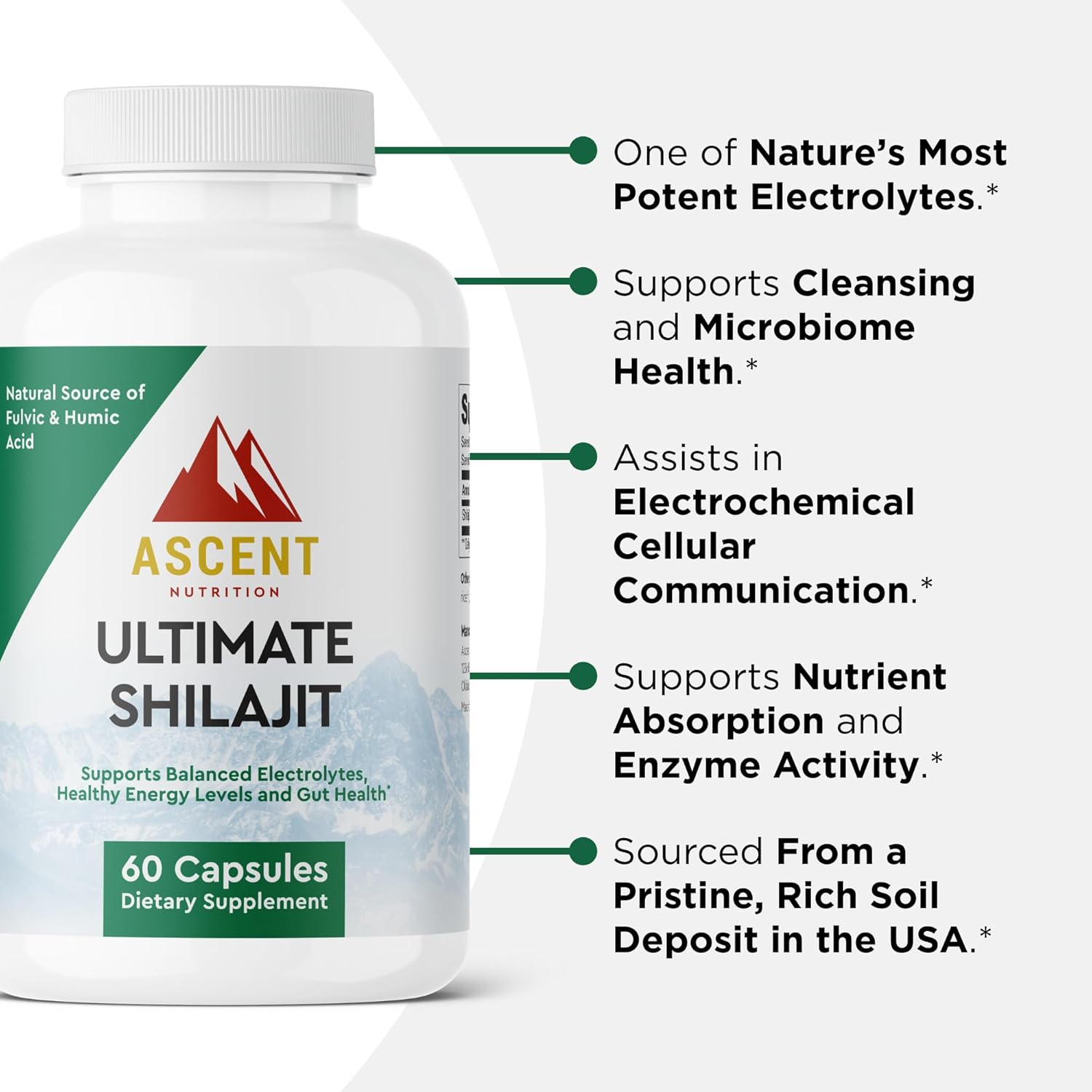 Ascent Nutrition Ultimate Shilajit | Natural Source of Fulvic & Humic Acid | Supports Balanced Electrolytes, Healthy Energy Levels and Gut Health | 60 Capsules