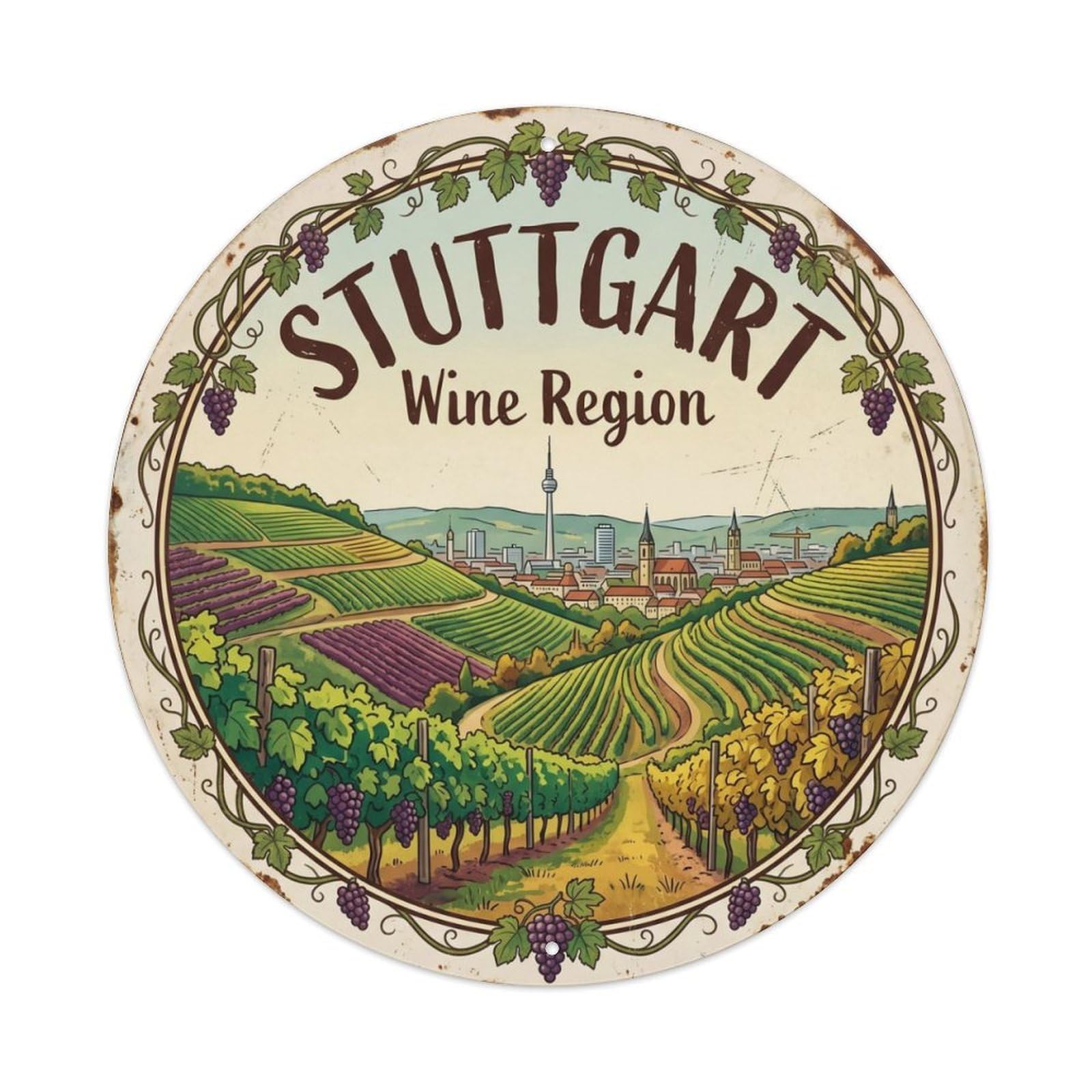 Vintage Travel Stuttgart Vineyards Germany Metal Tin Sign Plaque Wall Decor for Cafe, Club Bar, Office, Home Garden Round Metal Poster 8x8Inch