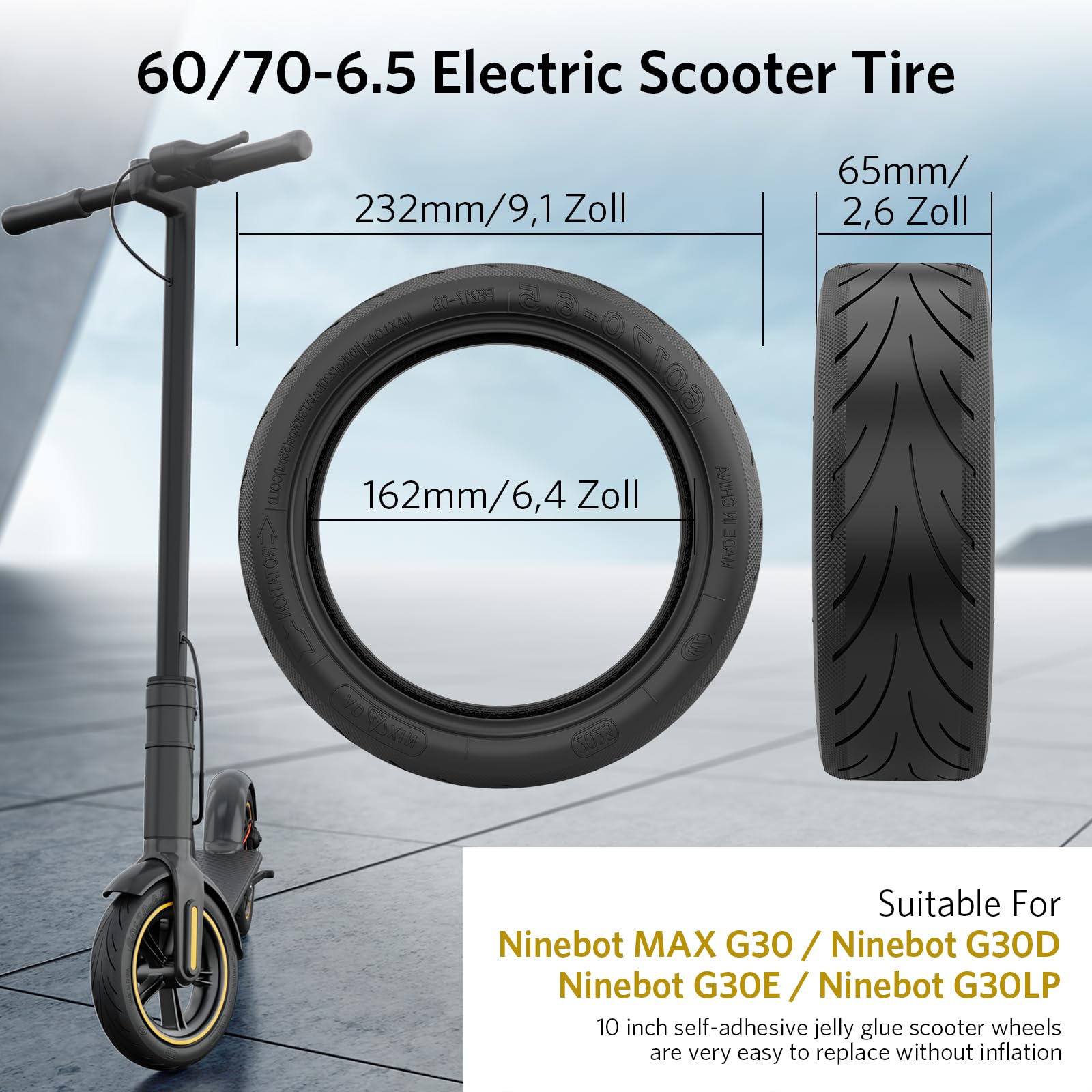 Pneus Pleins Pour Scooter Ninebot Max G30 | Lot De 2 | Caoutchouc Anti-crevaison | Taille 60/70-6.5-10 | Adhérence Renforcée Bleu