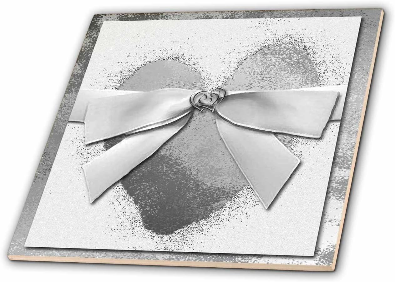 3dRose Beverly Turner Photography Silver Hearts on Silver Heart with Bow Glass Tile, 12-Inch