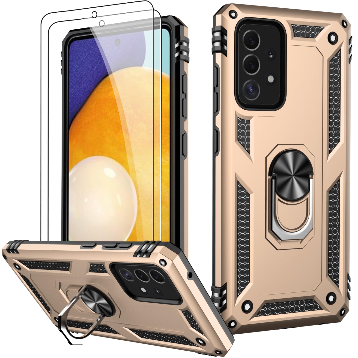 LUMARKE for Galaxy A53 Case with Screen Protector,Pass 16ft. Drop Tested Military Grade Protective Phone Cover with Magnetic Ring Kickstand Compatible with Car Mount Holder Gold