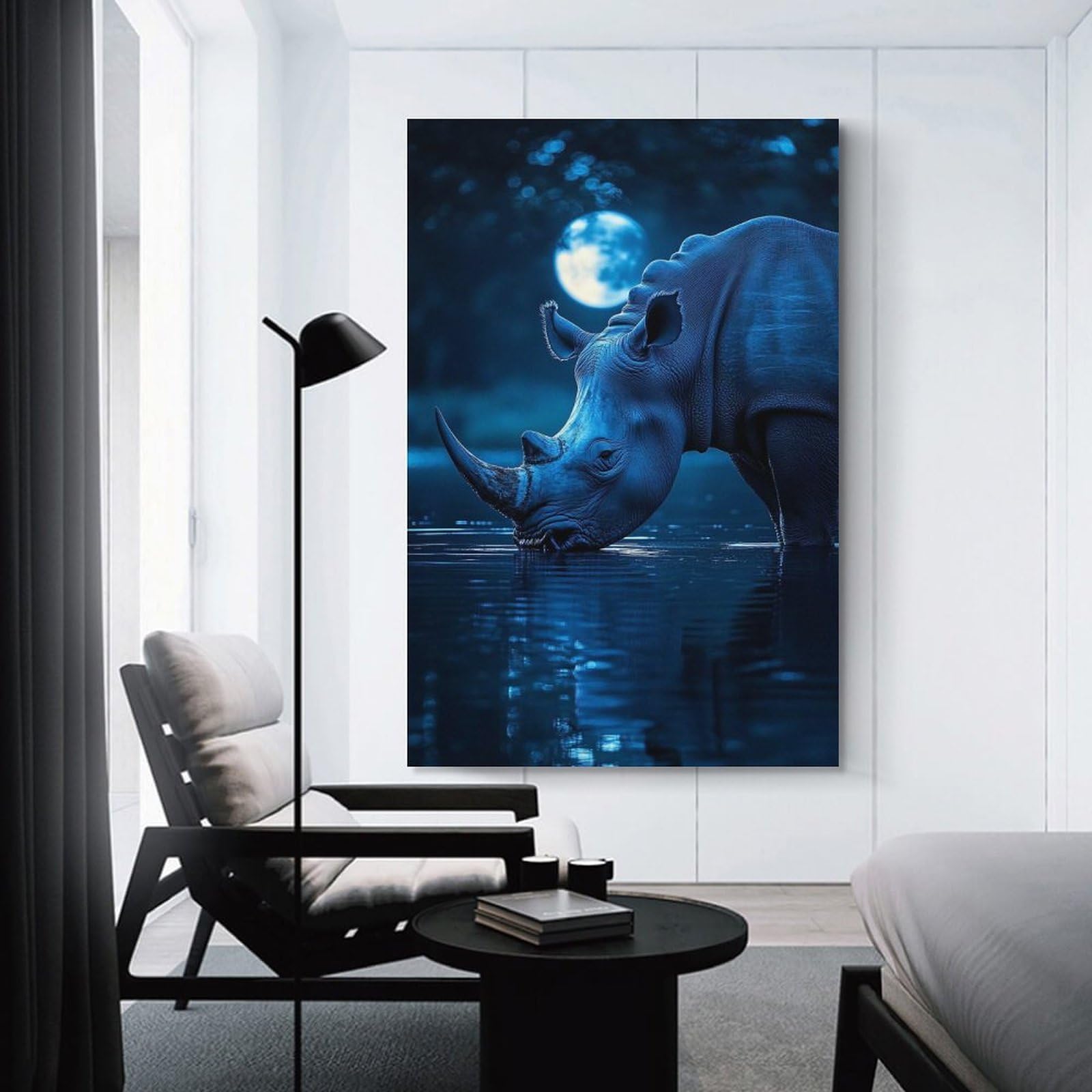 Junmoney Blue Rhino Drinking Under Moonlight Hanging Wall Art 16x24inch(40x60cm), for Study, Office Or Focused Interiors, Wall Art That Adds Style to Work Areas