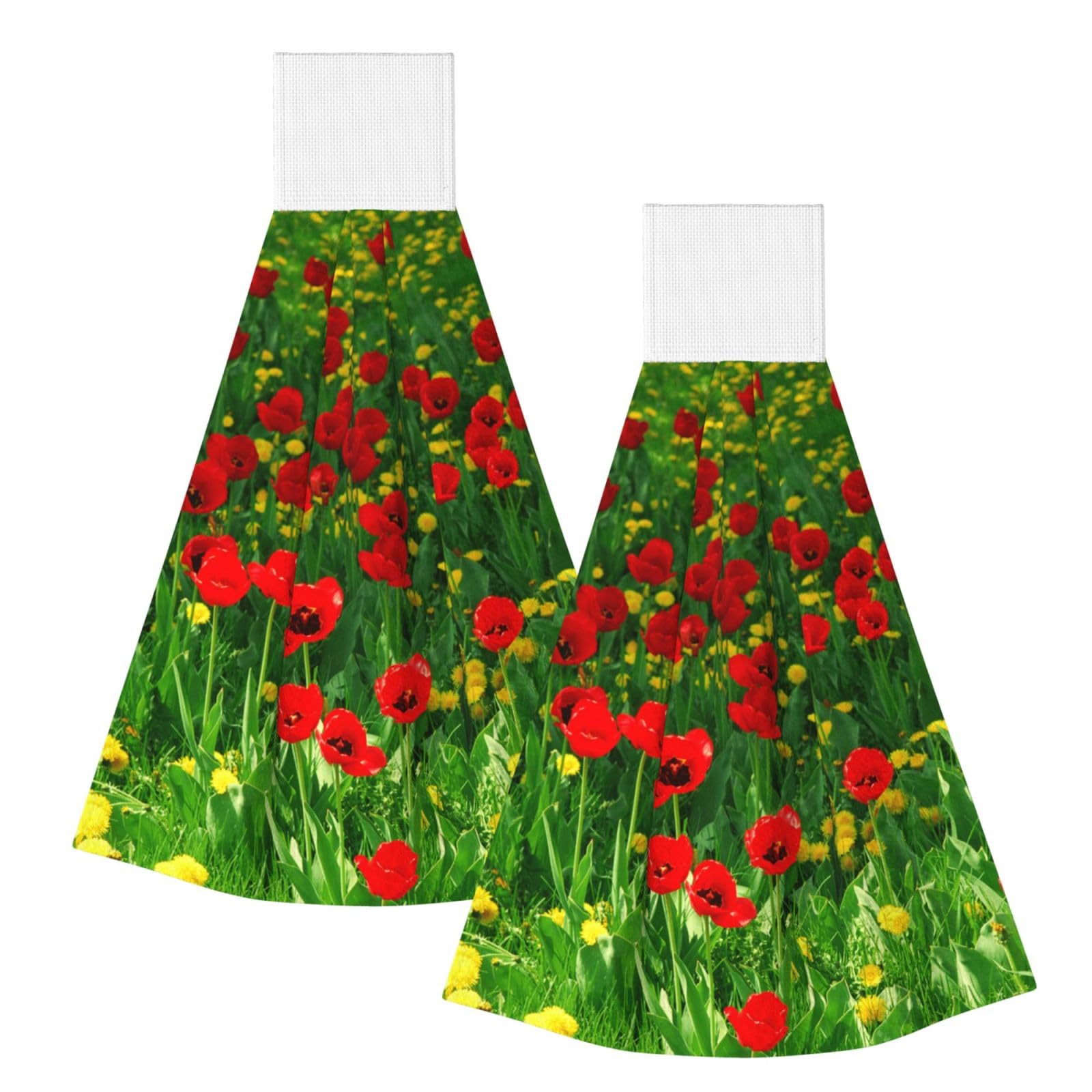 DOPKLNA Red Poppy Field Farm Meadow Landscape Print, 2 Pcs Hanging Coral Fiber Hand Towels for Bathroom, Absorbent Kitchen Towels