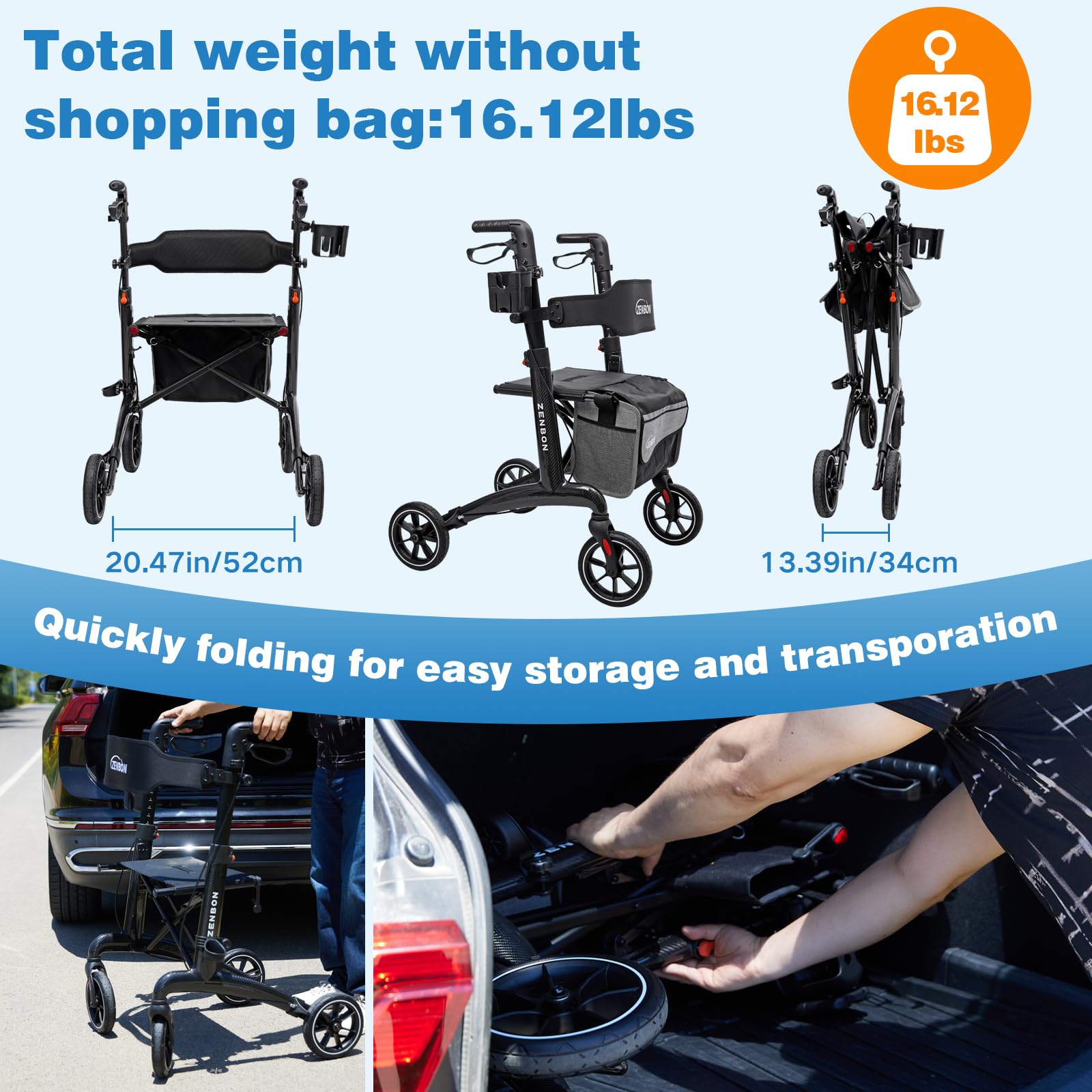 Andador para Ancianos con Asiento: Andador de Carbono Ligero y Plegable para Viajes en el Maletero - Andadores para Personas Mayores Ligeros y Delgados para el Hogar Interiores y Exteriores (Negro)