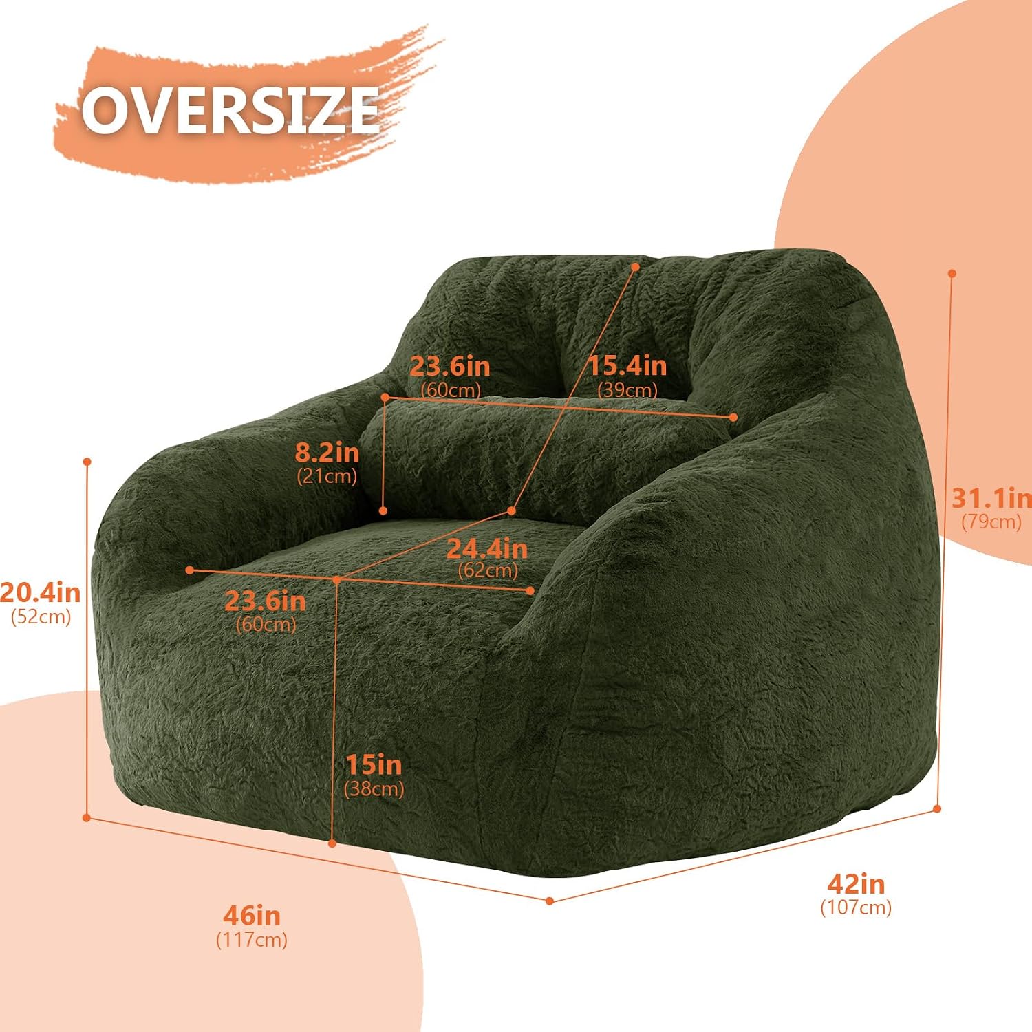 EBENCHICO Bean Bag Chair for Adults with Pillow,Oversized Bean Bag Couch for Adults Chairs,Giant Lazy Couch Sofa Chairs with Filler,Large Reading Chair for Living Room Bedroom,Green