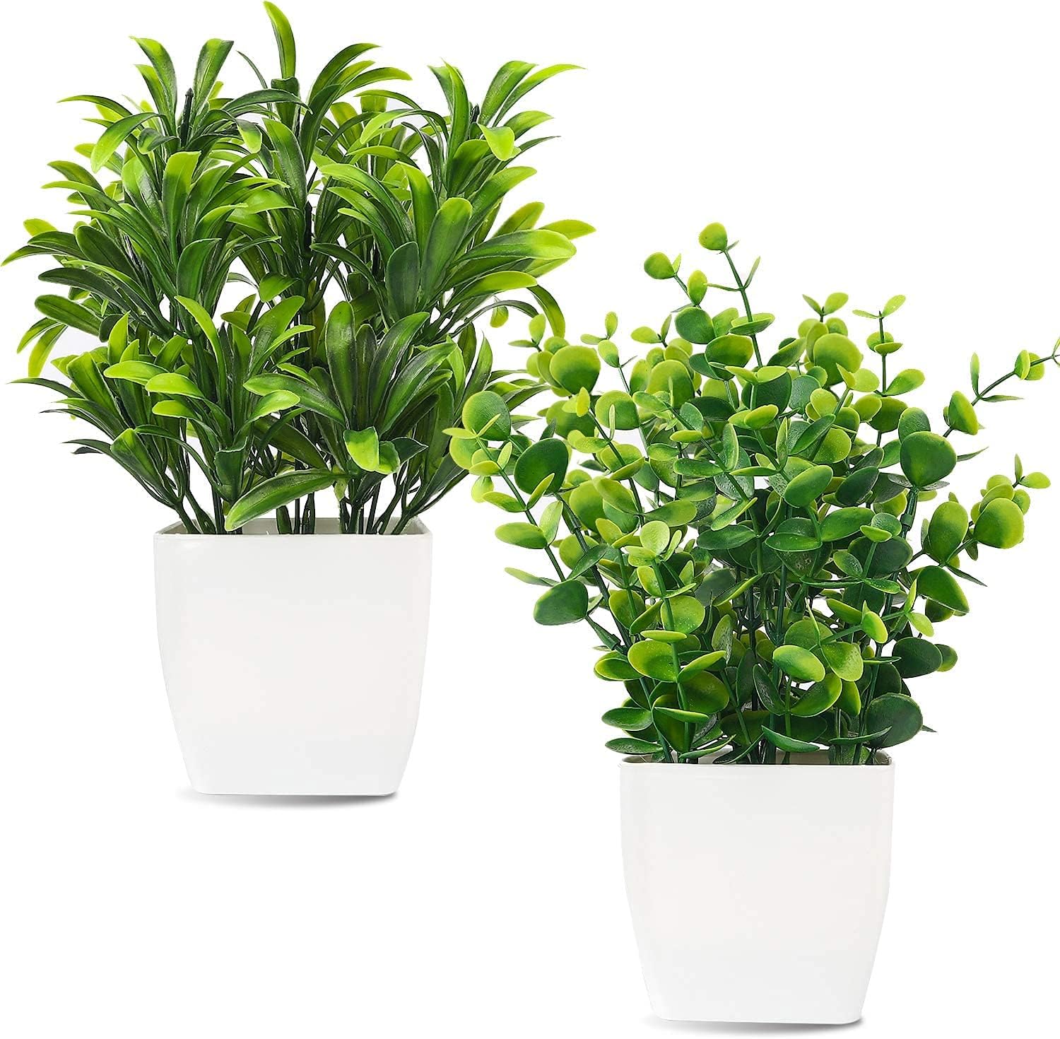 2pcs Artificial Mini Potted Plants Fake Plastic Eucalyptus Leaves Plants for Home Office Desk Room Greenery Decoration