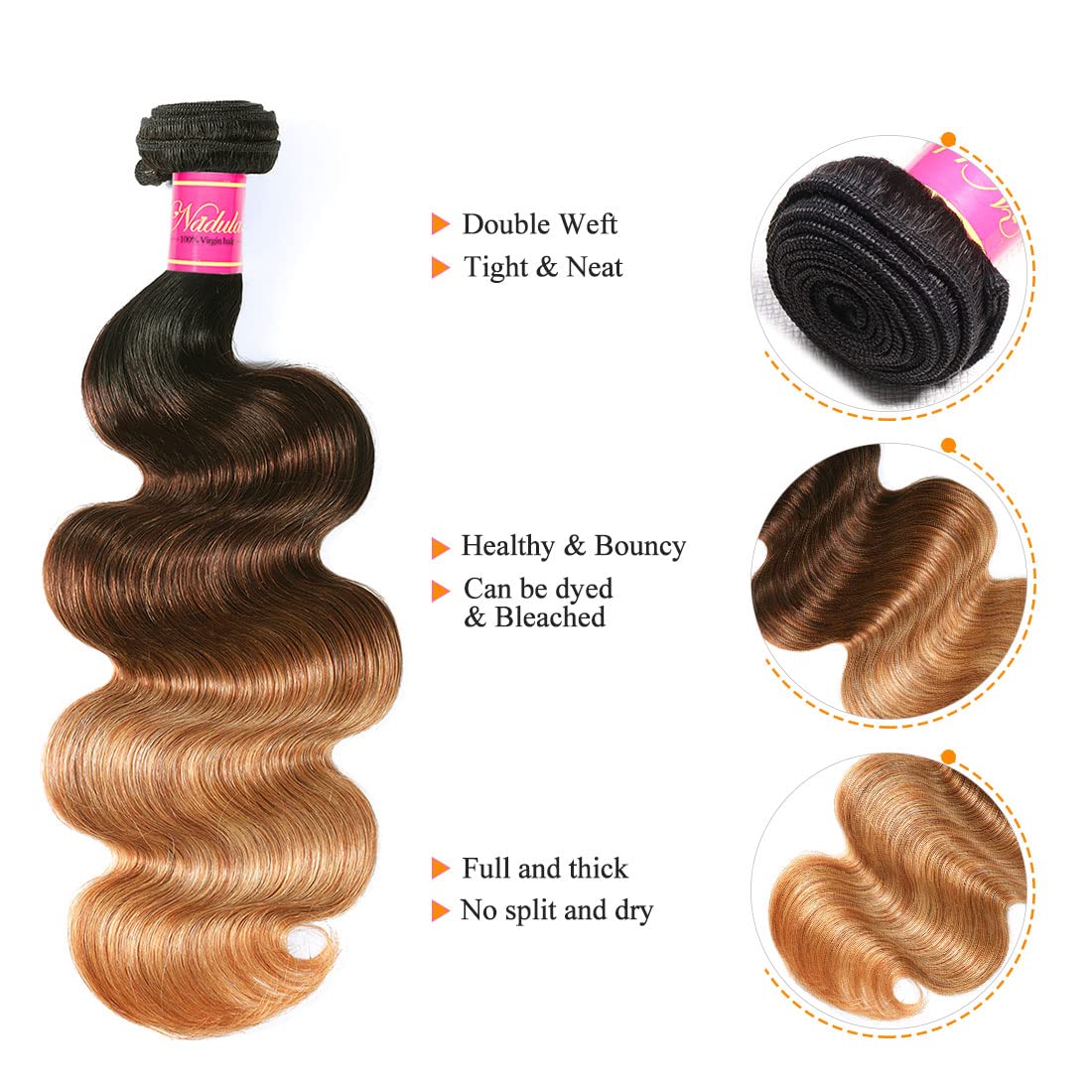 Nadula Highlight 3 Tone Ombre Body Wave Human Hair 3 Bundles Brazilian 10A Remy Hair Ombre Blonde Human Hair Wavy Weaves Sew in Extension T1B427 Color (16 18 20inch)