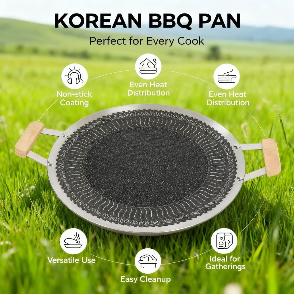 Korean BBQ Grill Pan Stainless Steel, Nonstick Round Grill Plate 34cm - Even Heat Distribution, Easy Cleanup, for Indoor and Outdoor Use (34cm)