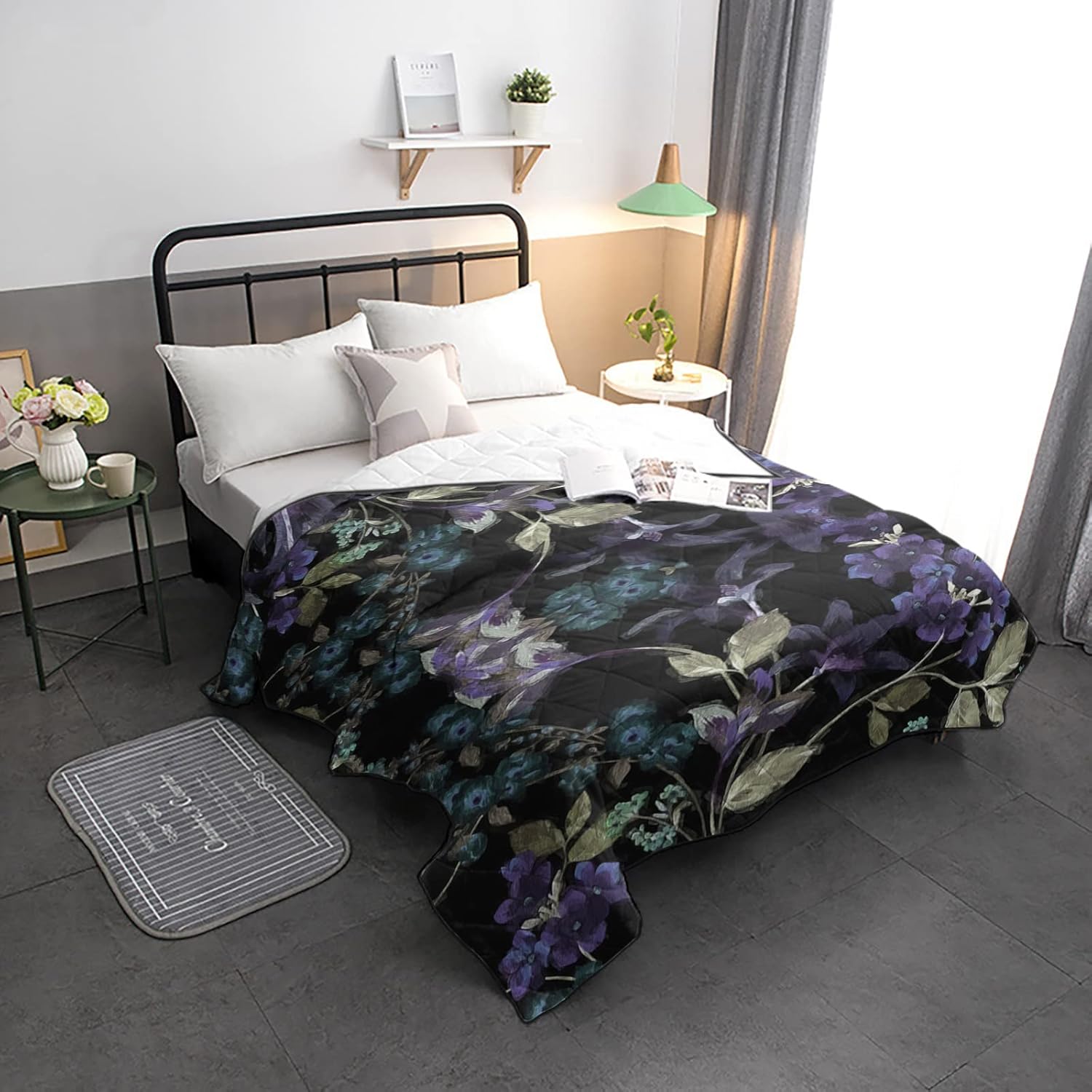 Quilt California King Luxury Quilted Comforter Bedspread-Thin Soft Cozy, Hand Drawn Dark Purple Floral Leaves Line Pattern Reversible Stitched Summer Lightweight Quilt Coverlet for All Season