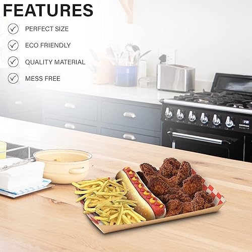 Miniatura 5 de MT Products Bandeja de comida para almuerzo escolar o cafetería de Kraft roja y blanca de 10 pulgadas, paquete de 20 unidades, tamaño 10.5 x 7.5 x