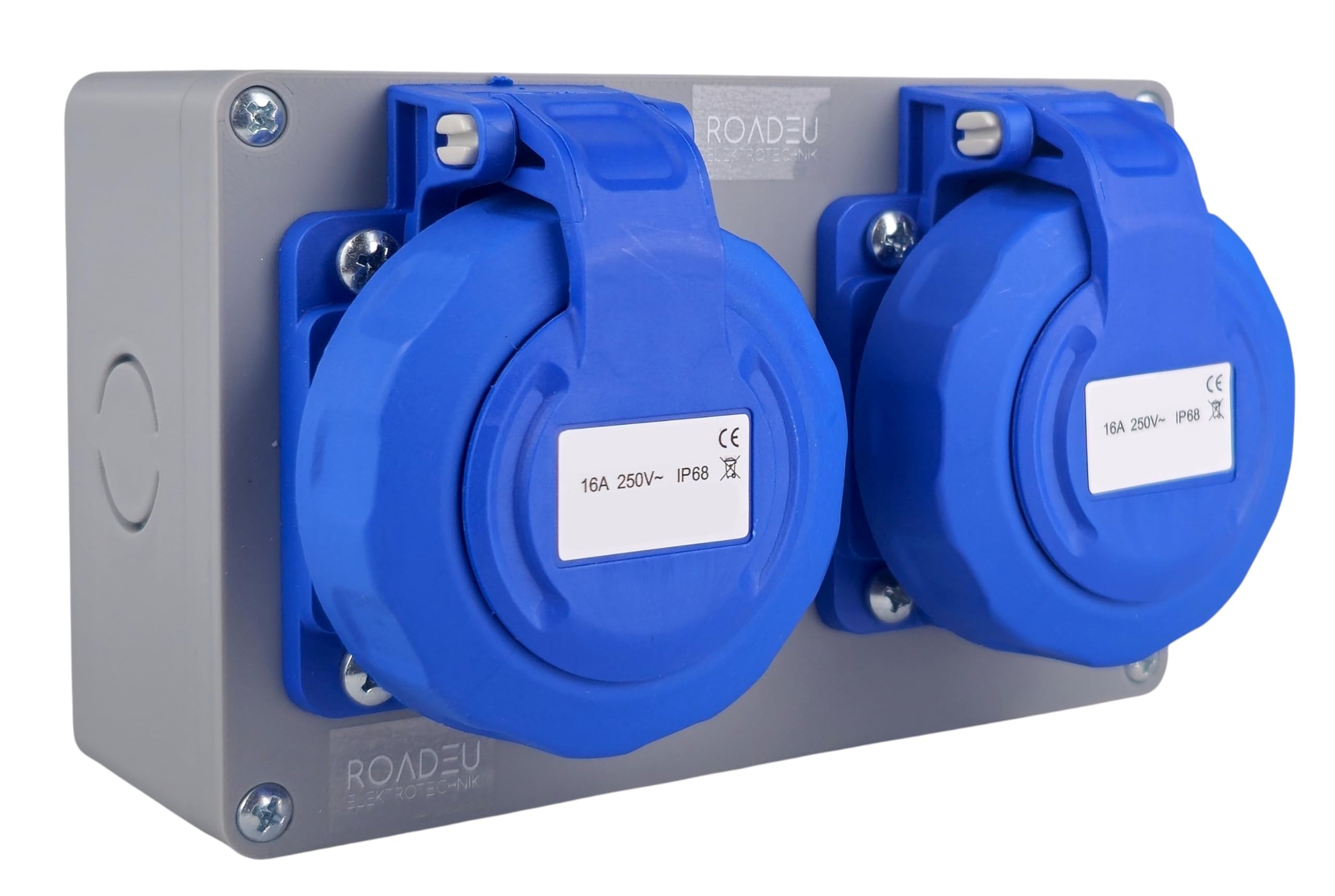 RoadEu – Doppelsteckdose 2x Schuko 230V 16A IP65 Wasserdicht | Baustromverteiler mit Schraubkappen | 2,5 mm² Verdrahtung & Außensteckdose
