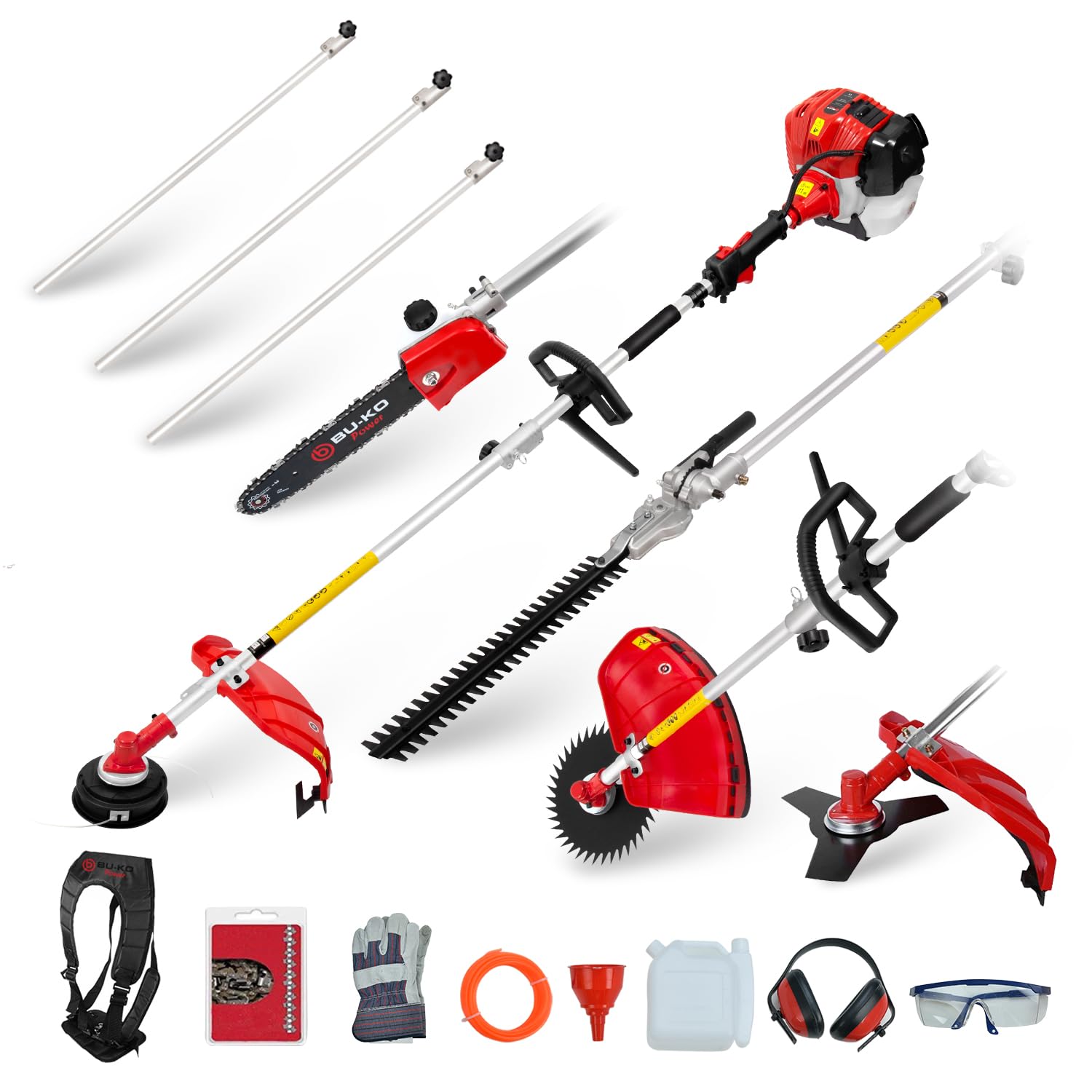 BU-KO 52cc Multifunktions-Gartengerät mit großer Reichweite: Strimmer und Freischneider ausziehbare Heckenschere Kettensäge Rasentrimmer 3X 75cm Verlängerungsstangen