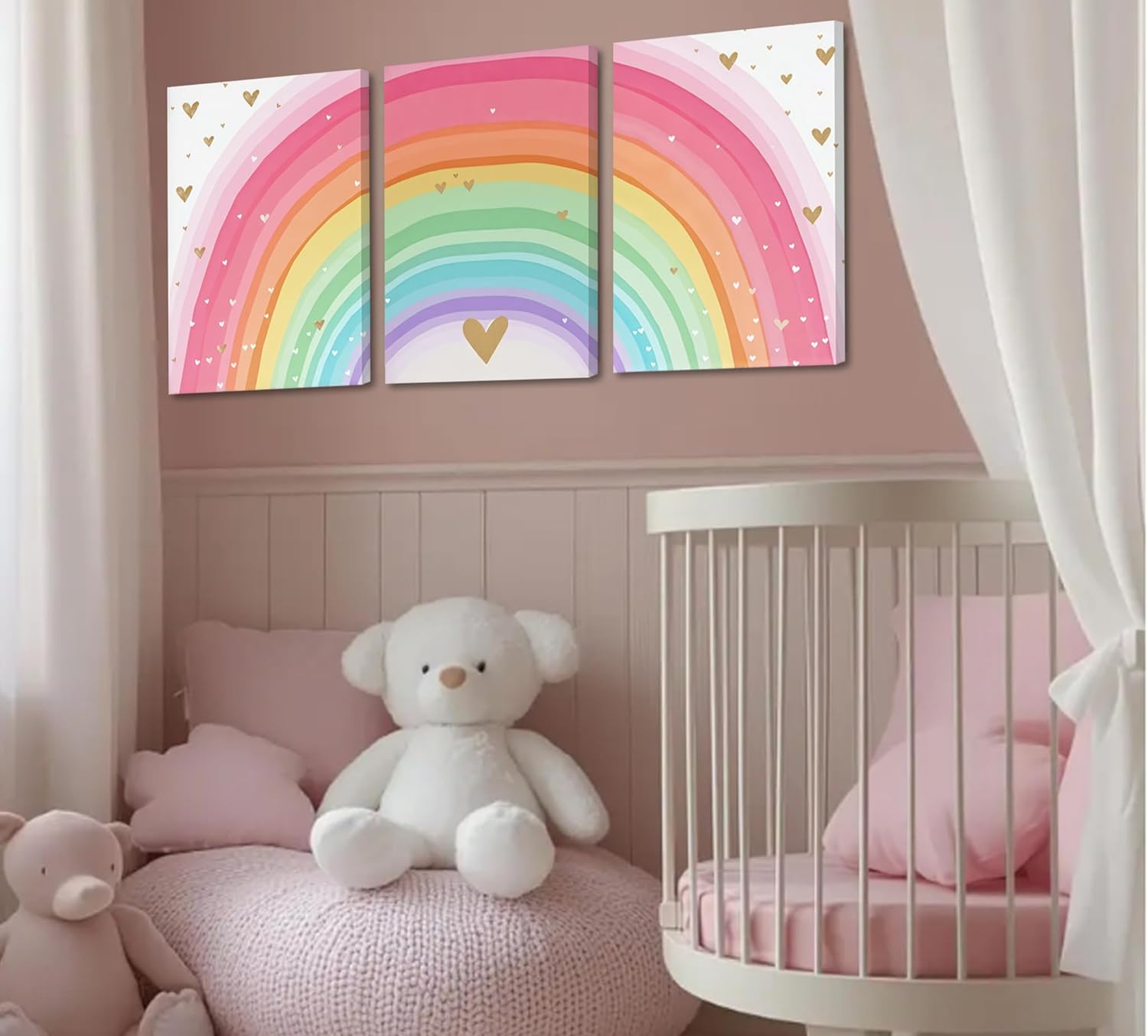 Girls Rainbow Canvas Wall Art Set of 3, Colorful Nursery Wall Decor Painting, Kids Heart Picture Poster Prints for Classroom Kids Room Baby Room Bedroom Dorm Home Decoration 12x16in