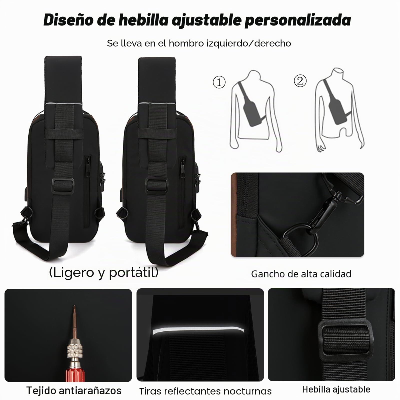 FANDARE Antirrobo Bolsa Bandolera Mochila Cruzada Hombre Bolso Cruzado con USB Hombre Bolsa de Pecho Gran capacidad Crossbody Sling Bag para Viajes Ciclismo Trabajo Senderismo Sling Bag
