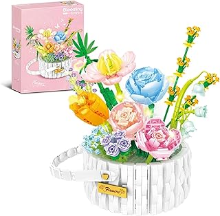 مكعبات بناء سلة زهور صناعية صغيرة من تويز لاند مع سلسلة لمبات ليد لعبة نباتات لديكور المنزل 1376 قطعة نمط مزهرة