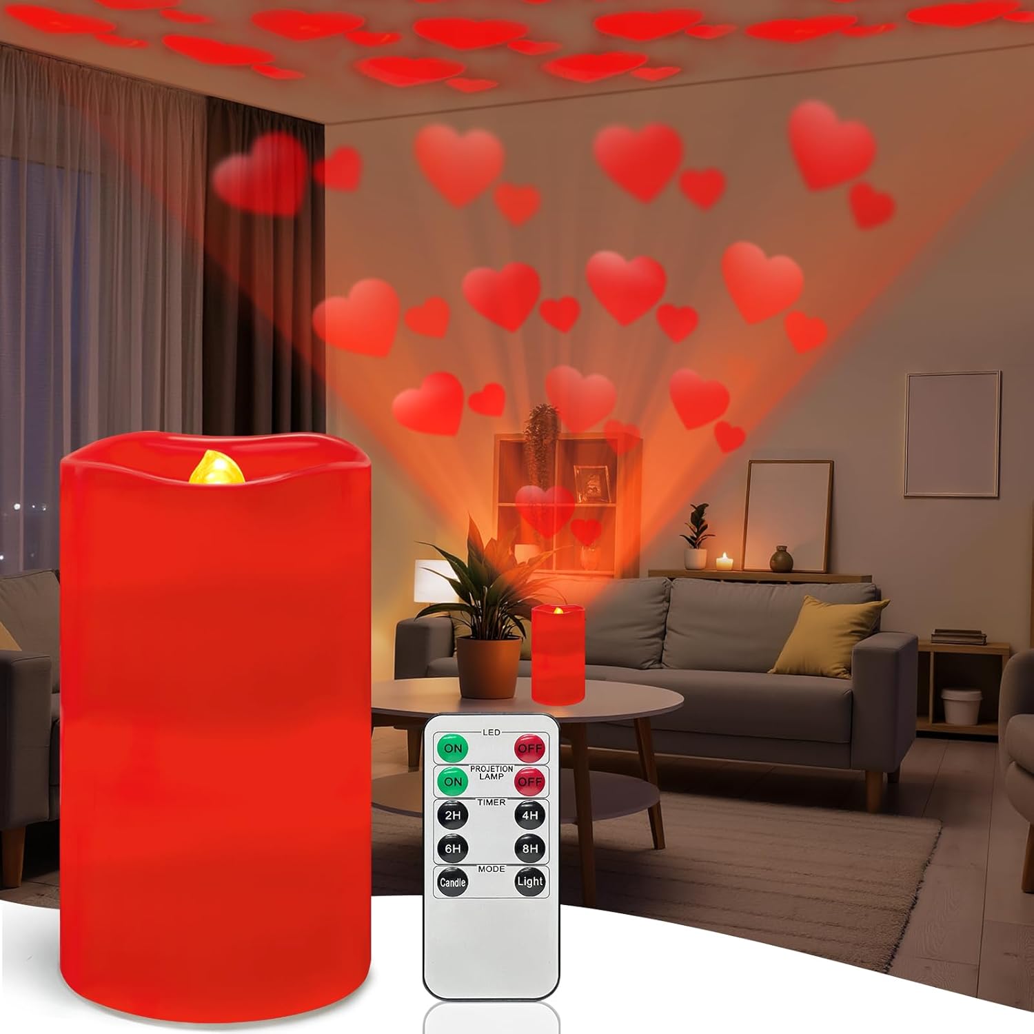 Flameless Candle Heart Projector Light,Valentines Day Decorations Candles Lamp with Romantic Red Heart Projector Lights, LED Candle with Remote and Timer for Girl Women Mom (Red - Heart)