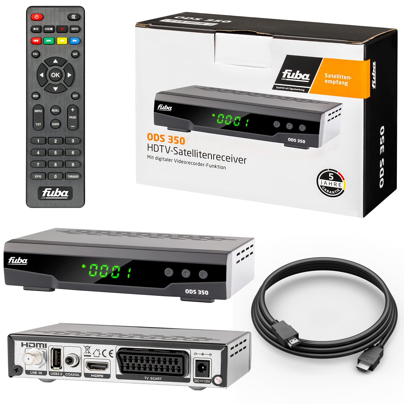 hb-digital Set - Fuba Récepteur Satellite Numérique HDTV DVB-S/S2 ODS 350 + 1,5m de câble HDMI Fonction enregistrement PVR-Ready Compatible Unicable Ecran LED 4 chiffres EPI USB 2.0 Lecteur multimédia