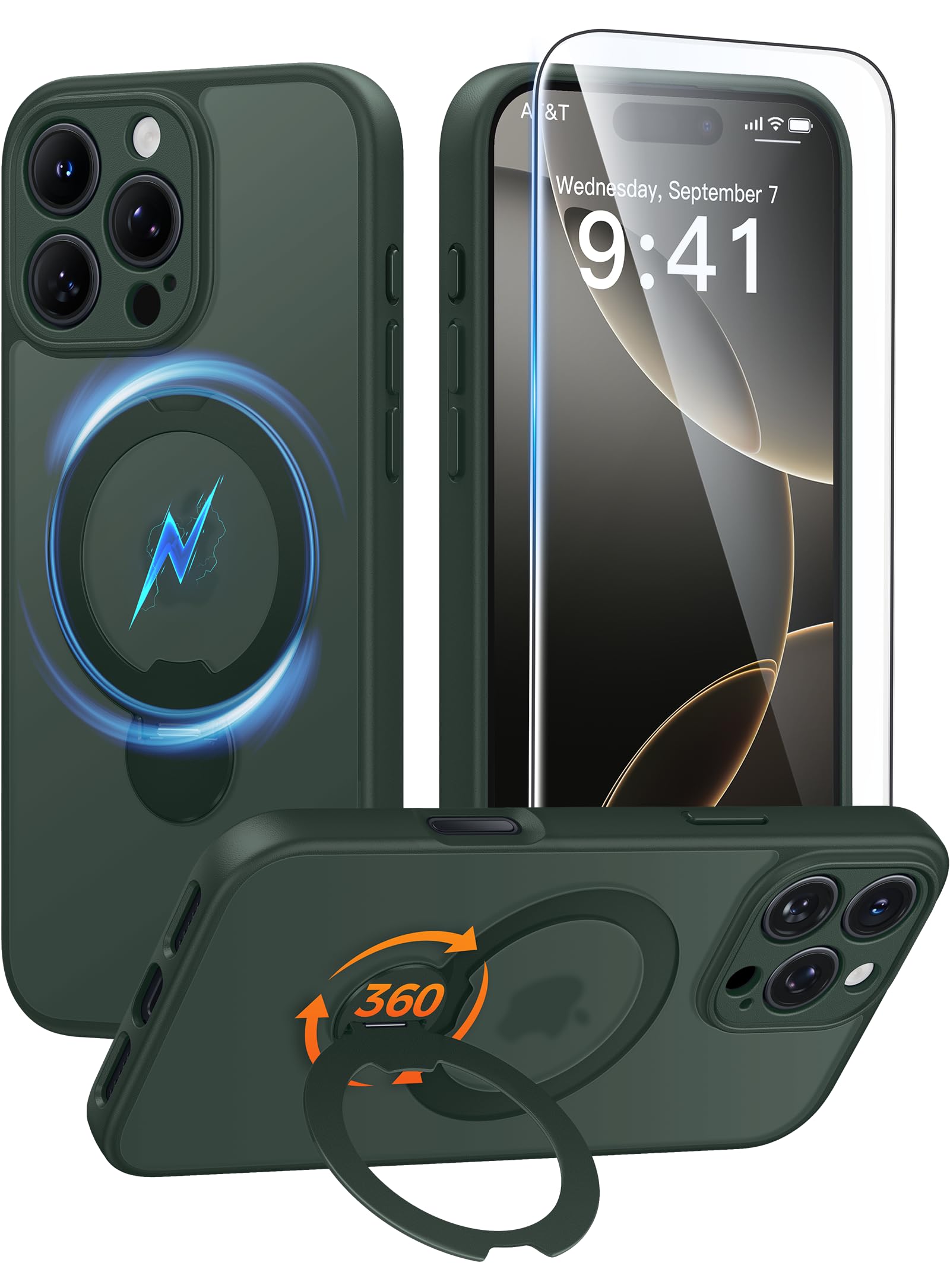 FNTCASE for iPhone 16 Pro-Max Case: [360 Spin Magnetic Stand] [Compatible with Magsafe] [Screen Protector] Translucent Matte Military Grade Shockproof Full Camera Protective Phone Cover - Green