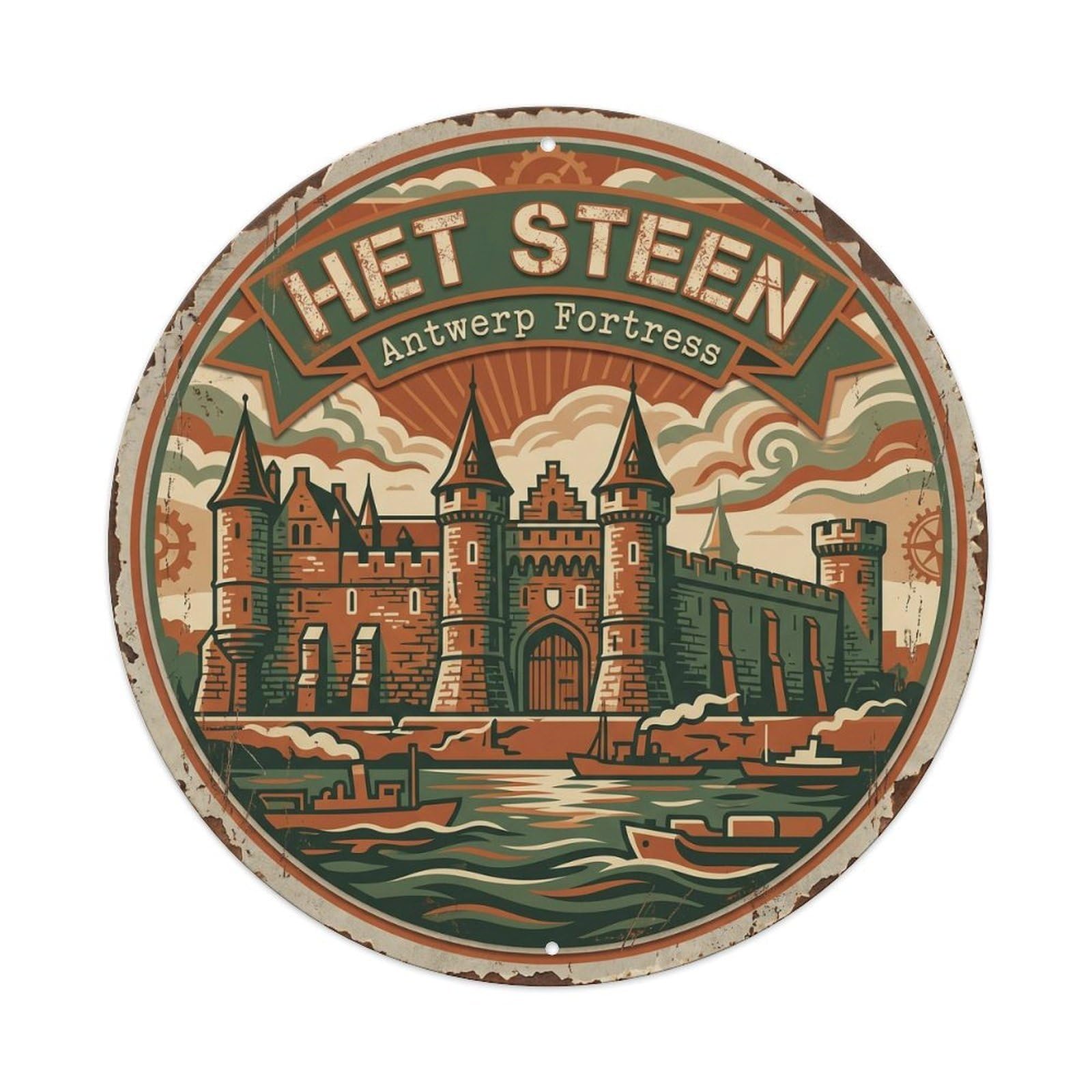 Cmhok Vintage Style-8 Vintage Travel Steen Belgium Artwork Metal Tin Sign Plaque Wall Decor For Cafe, Club, Garden Round Metal Poster 8X8inch