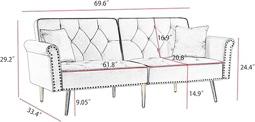 Miniatura 2 de Moderno sofá cama convertible de terciopelo con 2 almohadas, sofá biplaza futón con múltiples posiciones ajustables y patas de metal dorado para