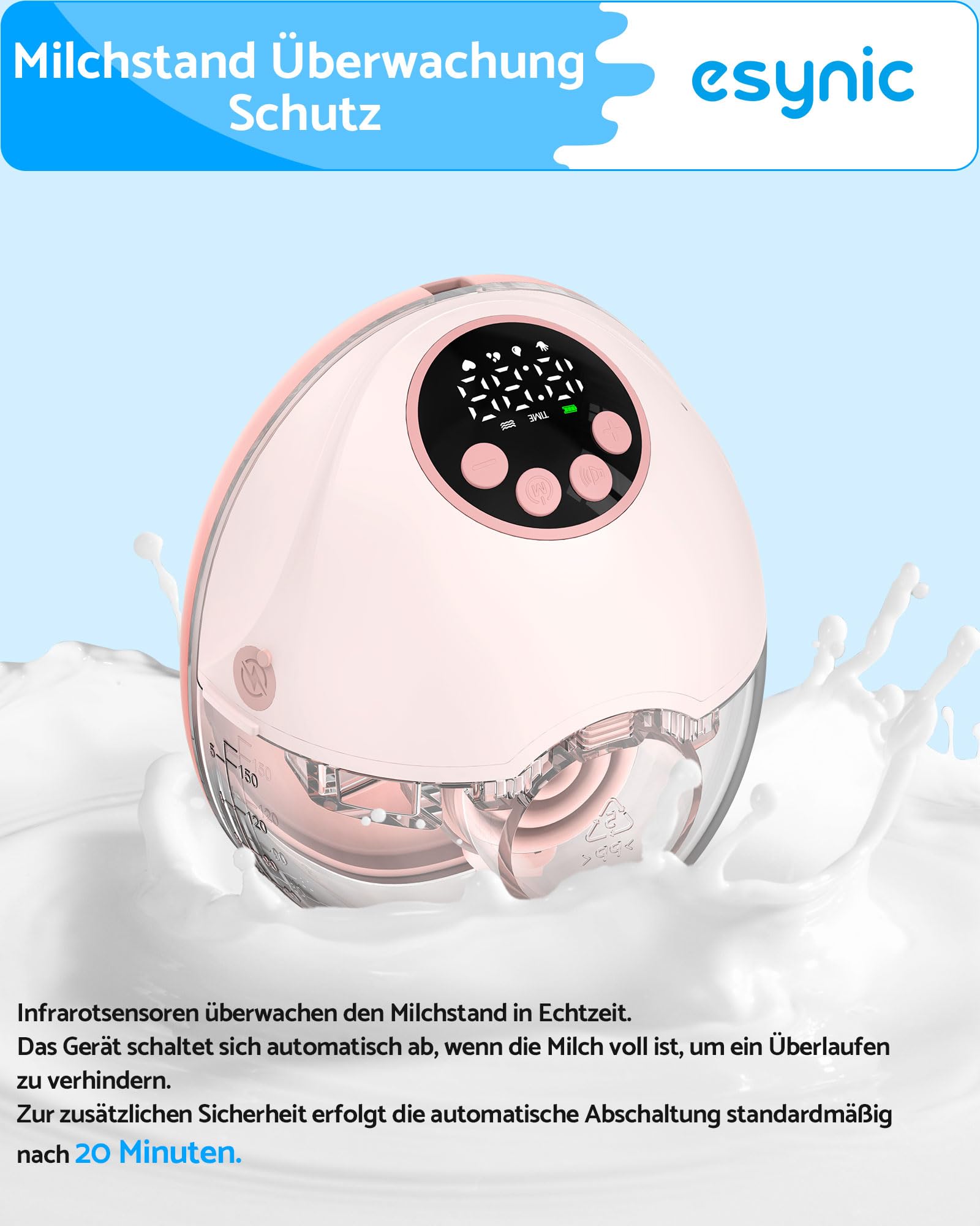 eSynic Hands-Free Milchpumpe Elektrische Brustpumpe Ultra-Leise & Tragbar 4 Modi & 12 Stufen mit LED-Display 24/21/19mm Anbausätze Überlaufschutz & Sprachansage 150 Min. Akkulaufzeit Für Berufstätige