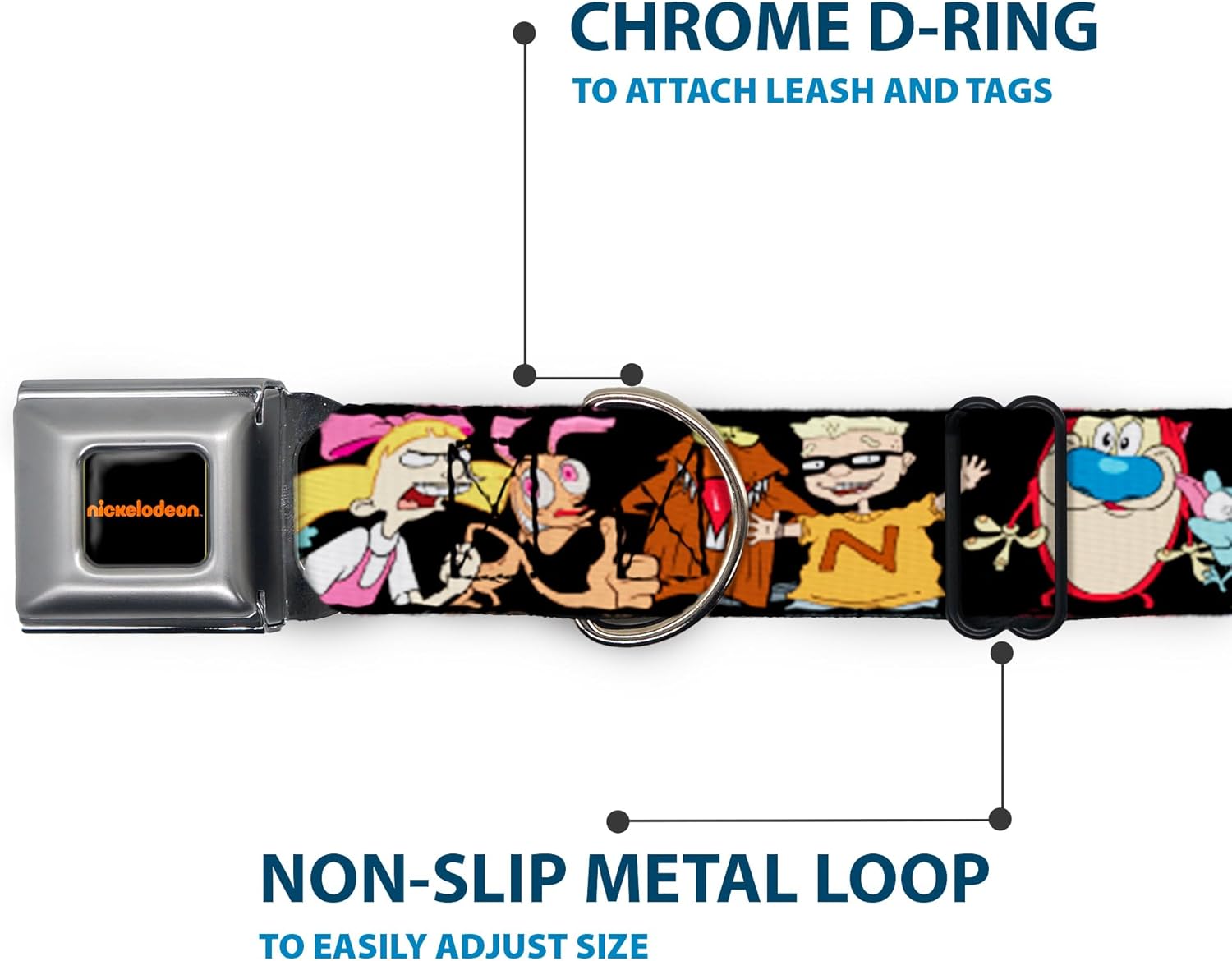 Nickelodeon Pet Collar, Dog Collar Metal Seatbelt Buckle, Nick 90s Character Poses Black, 11 to 16.5 Inches 1.0 Inch Wide