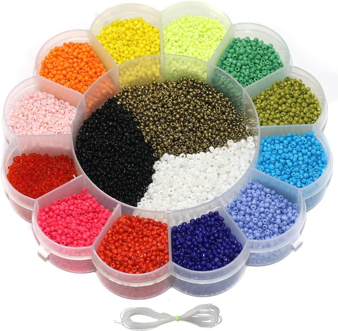 Beadsnfashion Glass Sugar Seed Beads Neon & Opaque DIY Kit with Beads Storage Box with 12 Mtrs Nylon Thread for Jewellery Making, Beading, Arts & Embroidery 15 Colors Size: 2mm