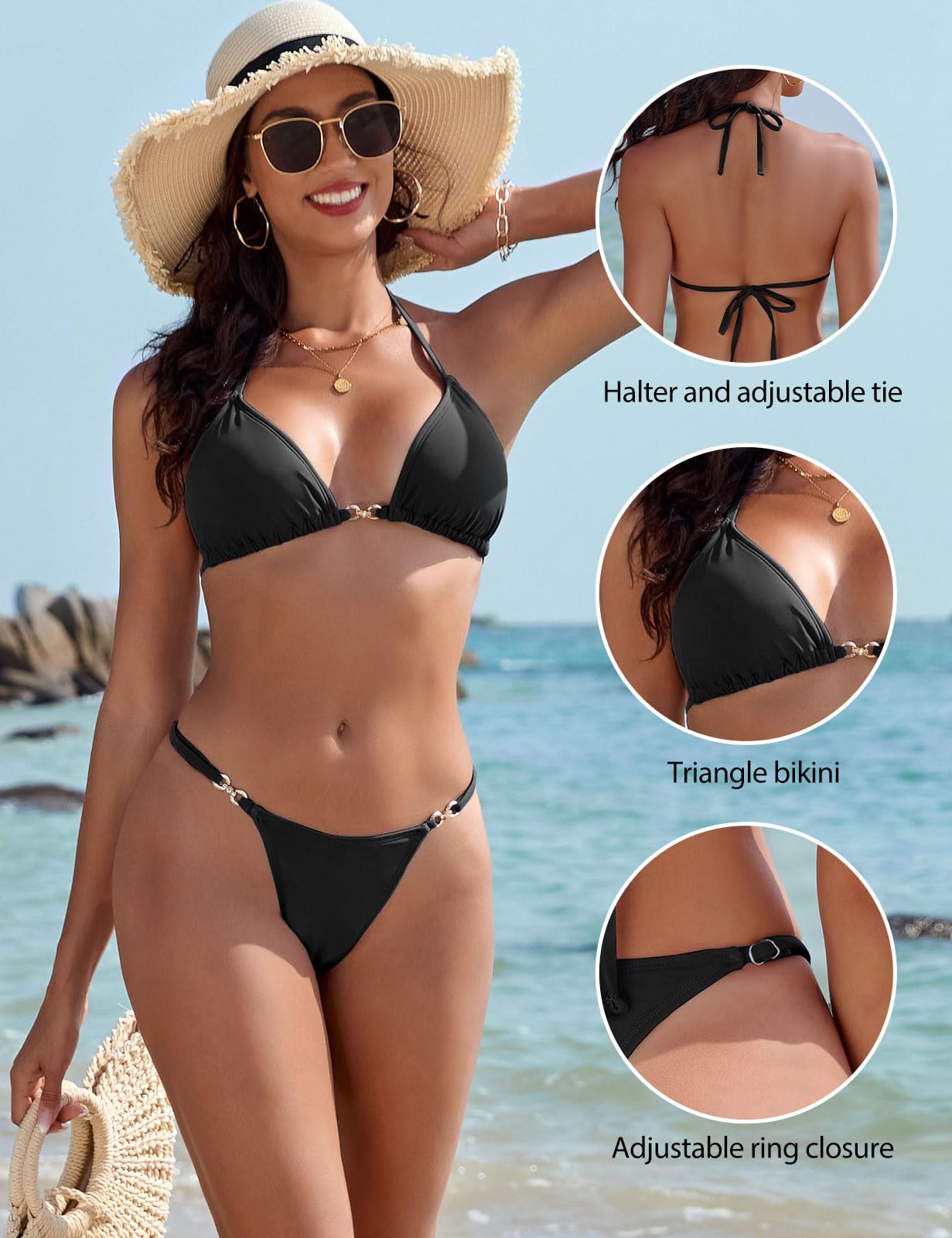 CMTOP Maillot de Bain Femme 2 Pieces Triangle Bikini Sexy String Maillot de Bain Taille Basse Halter Maillots Deux Pièces de Plage Bretelles Réglables Été Ensemble de Bikini