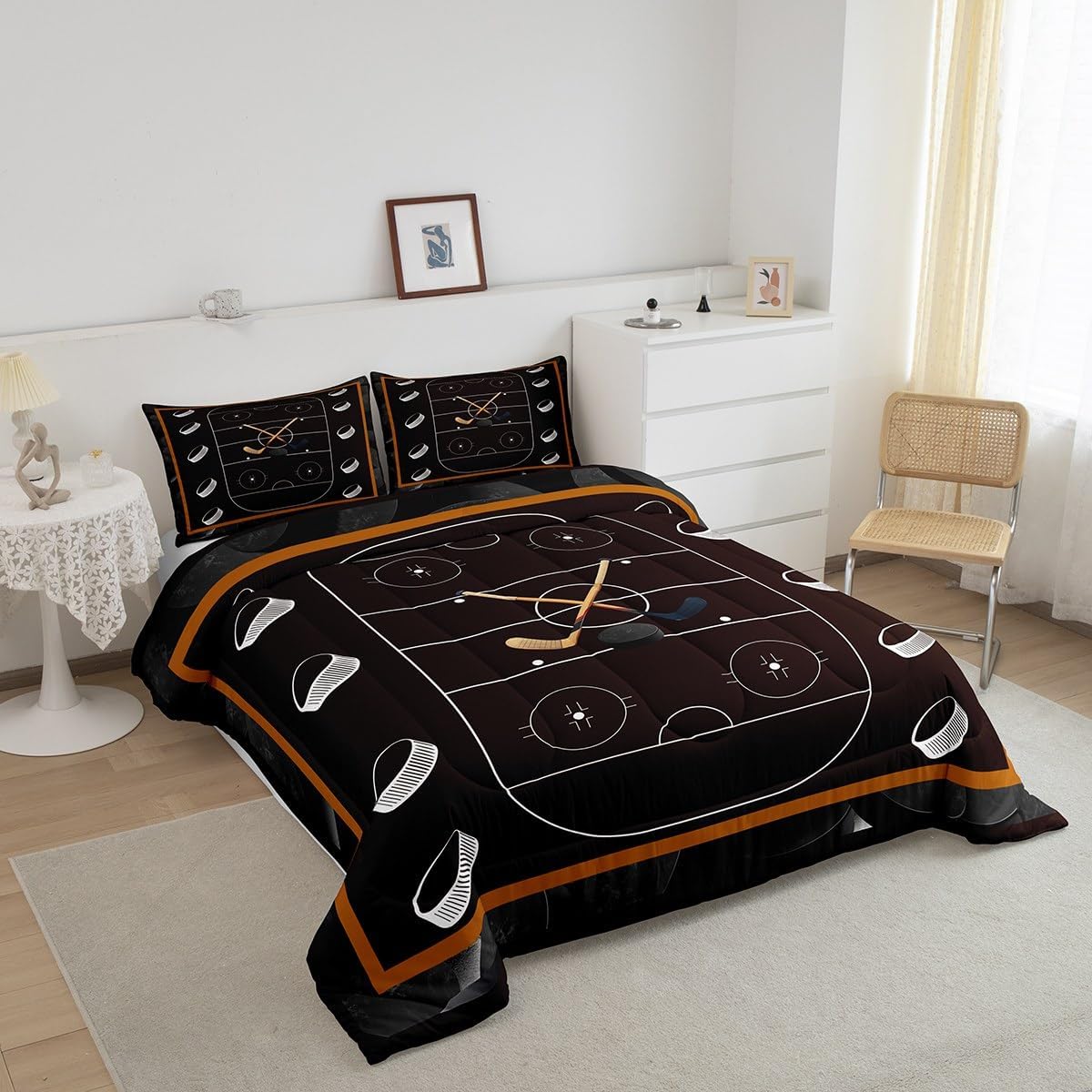 Feelyou Ice Hockey Comforter Set Queen Size Winter Sports Hobby Bedding Set Kids Boys Girls Hockey Stadium Ball Games Deep Brown Comforter Sports Theme Quilt Set
