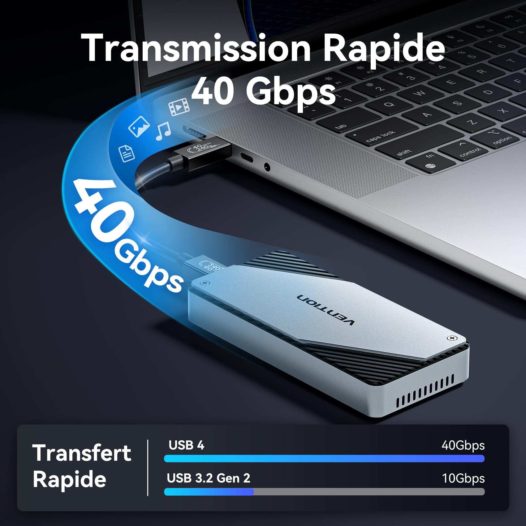 VENTION 40Gbps Boîtier SSD NVMe M.2, L'adaptateur M.2 Aluminium avec Ventilateur sans Outils, Compatible Thunderbolt 4/3, USB4, pour Clés M & M+B 2230/2242/2260/2280 PCIe SSD