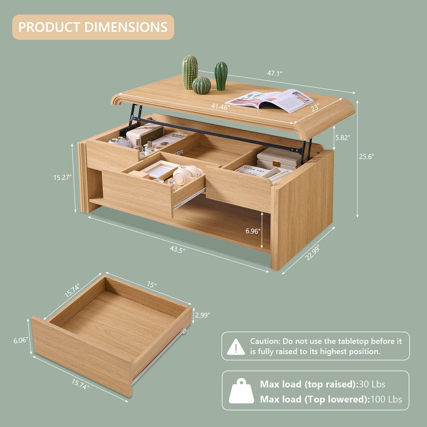 47" Lift Top Coffee Table with Storage, Modern Coffee Table with Pull-Out Drawer and Two-Tier Storage, Rectangle Wood Center Table w/Curved Profile Design for Living Room, Natural