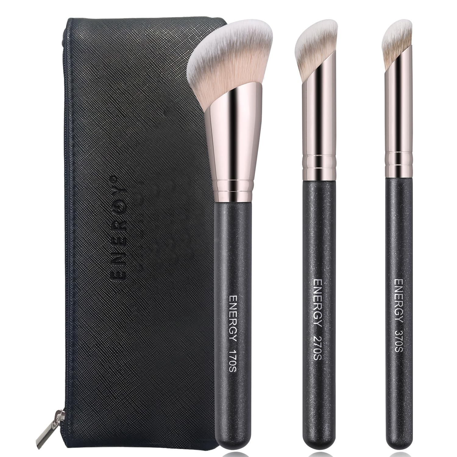 ENERGY Angled Makeup Brushes Set Vegan Powder Foundation Bronzer Nose Contour Concealer Makeup Brush for Liquid Cream Setting Powders Blending with Travel Bag