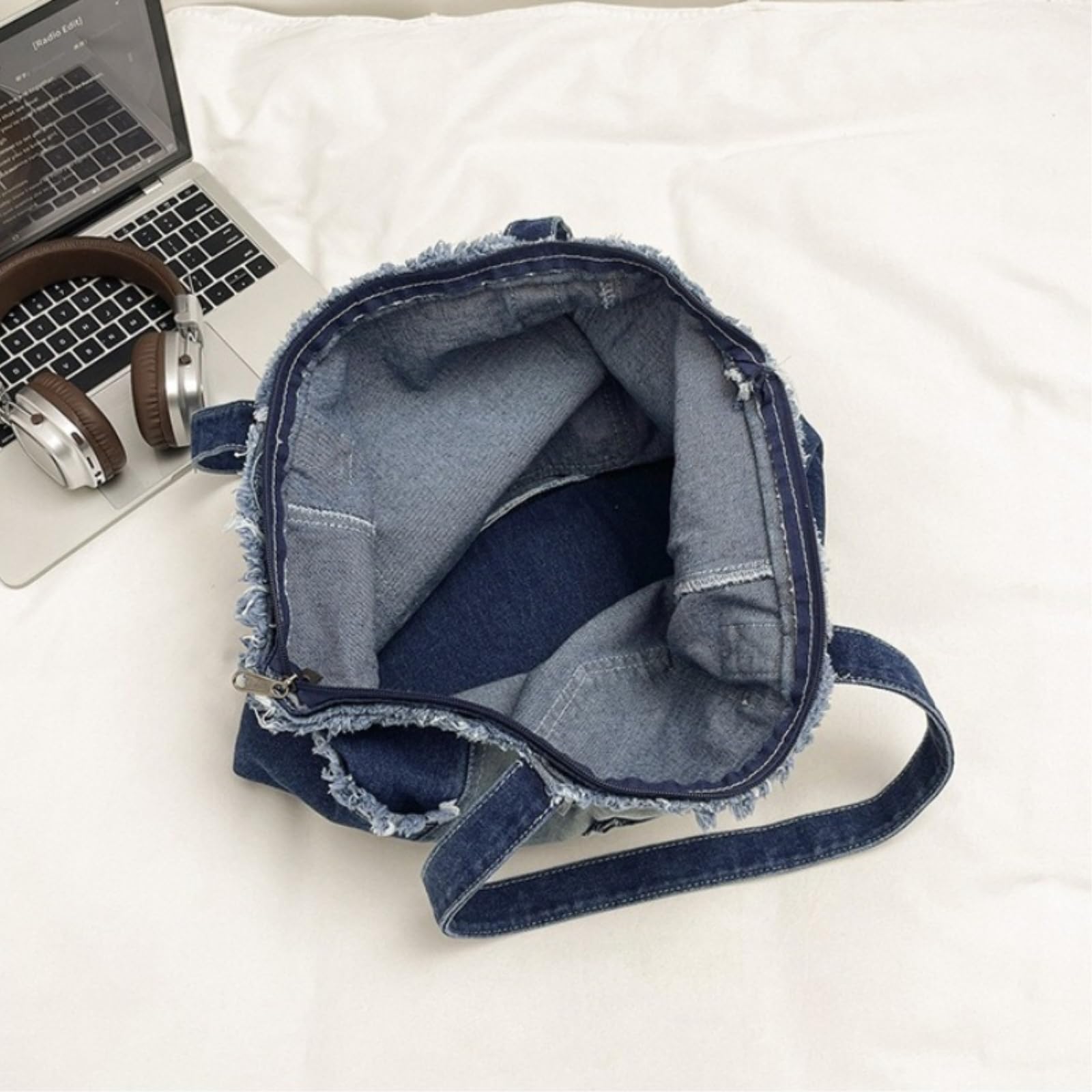 Borsa a Tracolla sac À Épaule Franges En Denim De Grande Capacité Style Lavé pour Les Femmes Navette Quotidien Correspondant-Light Blue
