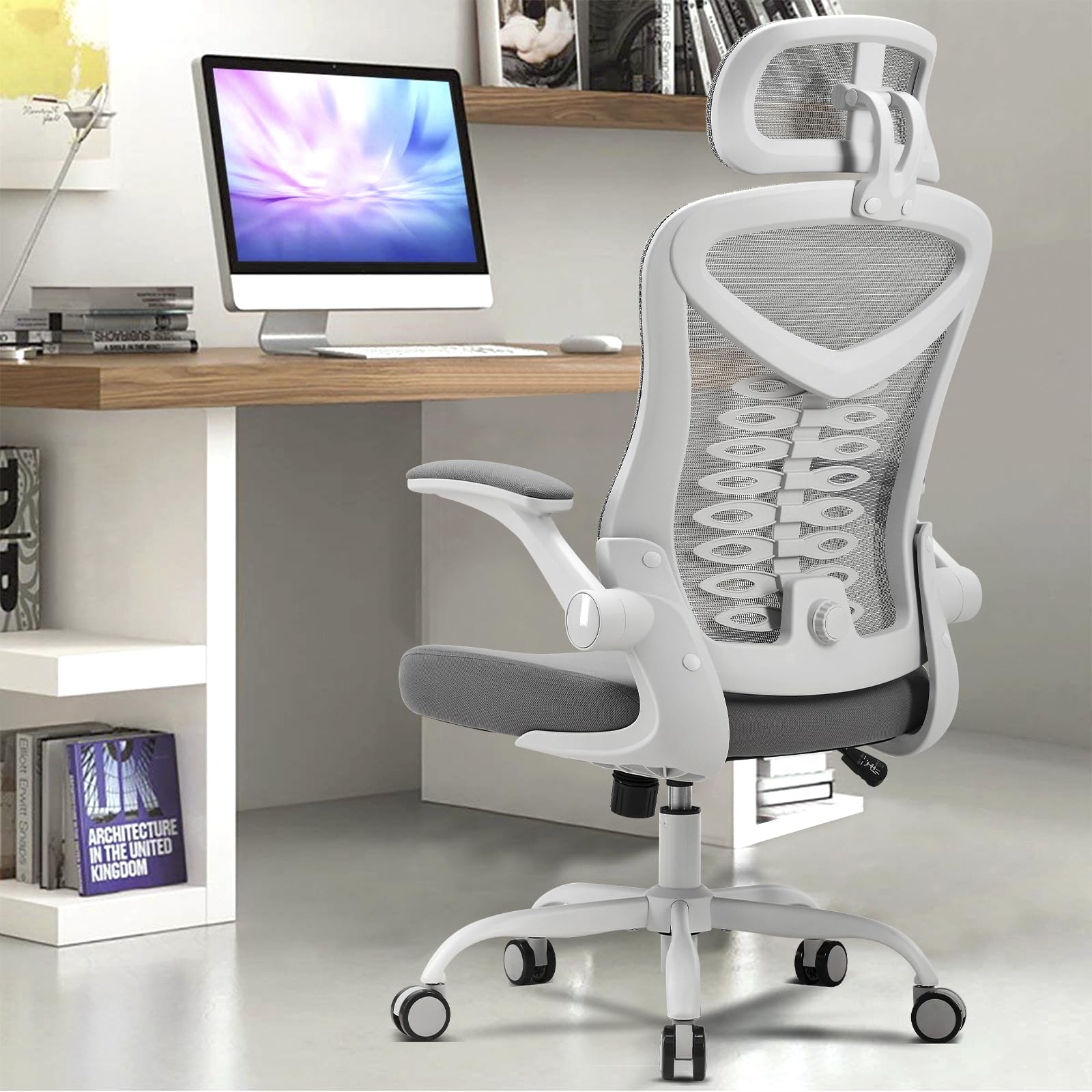 Office Chair, Adjustable Desk Chair with Flip-up Armrest, Rebound Seat Cushion, Breathable Mesh High Back, Comfortable Lumbar Support, Movable Headrest 360° Rotation, White