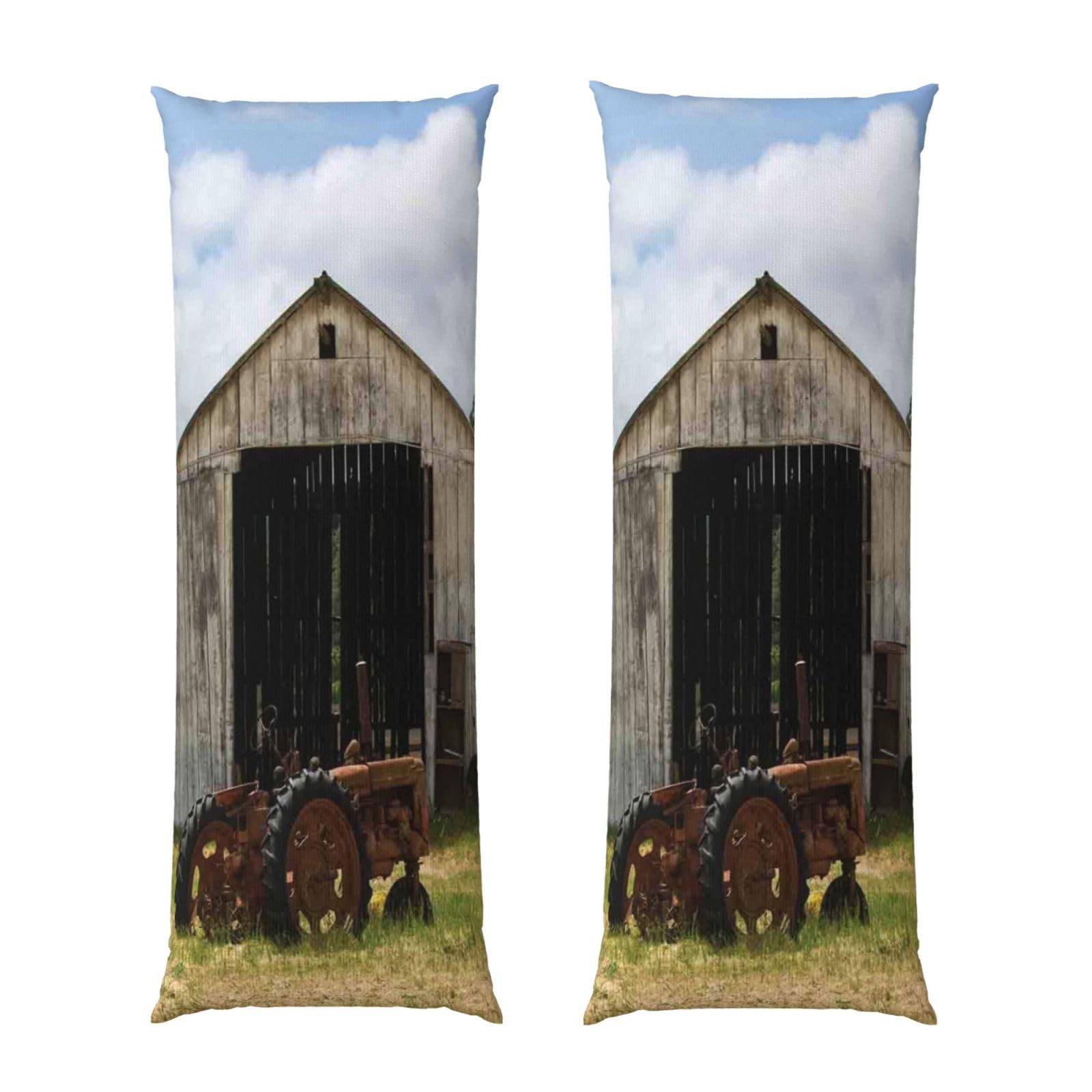 Taie d'oreiller rectangulaire motif grange en bois et tracteur pour lit et canapé rustic