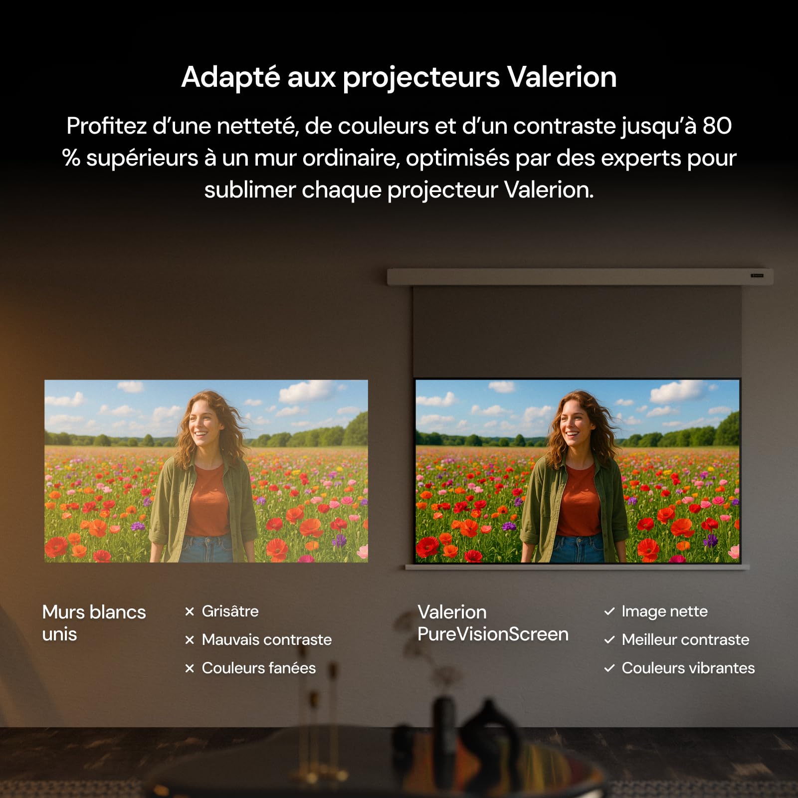Pack Home Cinéma Anti-Speckle : Projecteur Laser Triple 4K Valerion Pro2 avec écran motorisé de 120"