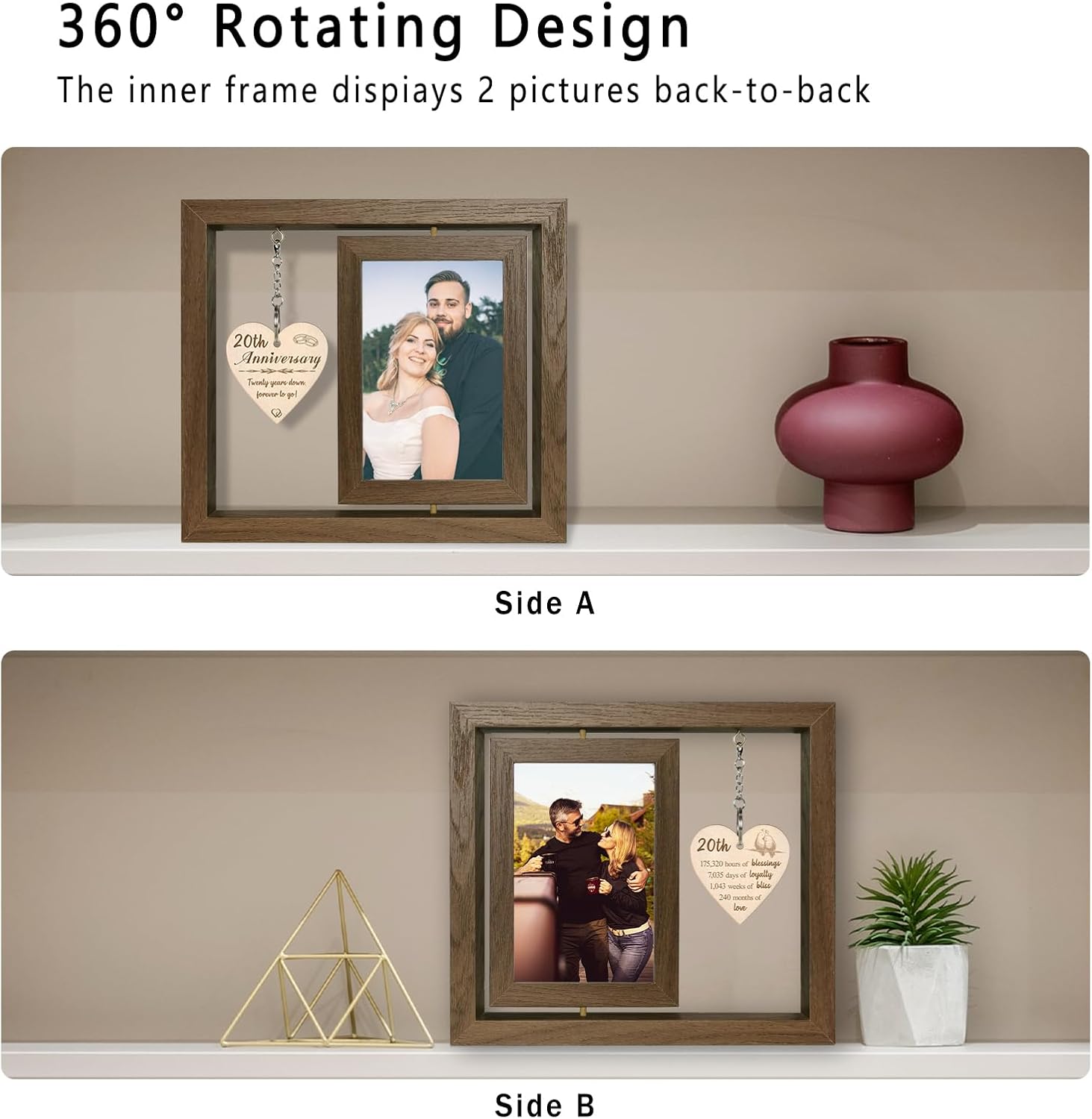 20th Wedding Anniversary Wood Picture Frame Gifts for Couple Wife Husband, 20 Year Anniversary Photo Frame Gifts for Him Her (Display Two 4x6) - Image 6