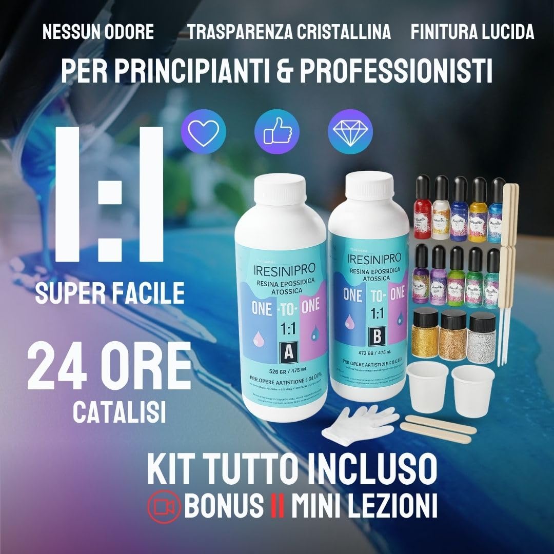 Resin Pro Resina epossidica trasparente Kit 500 gr rapporto 1:1 + 29 accessori per gioielli