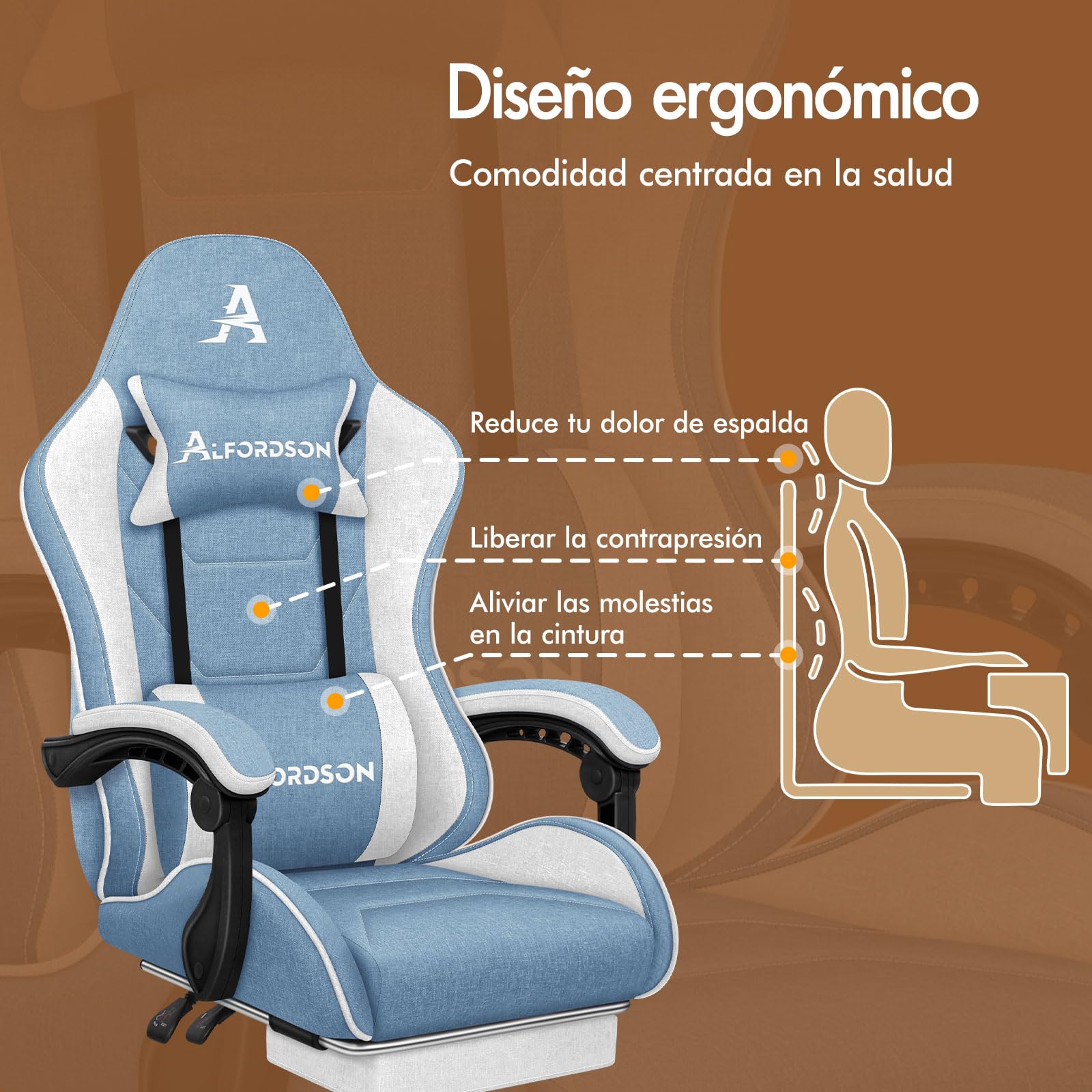 ALFORDSON Silla Gaming Ergonómica con Masaje, Silla Gamer de Oficina con Lumbar Massaggiante, Reposapiés Retráctil,Altura Ajustable,Reclinable 150°,Asiento Cómodo,Soporta 180 kg, Lino(Azul y Blanca)