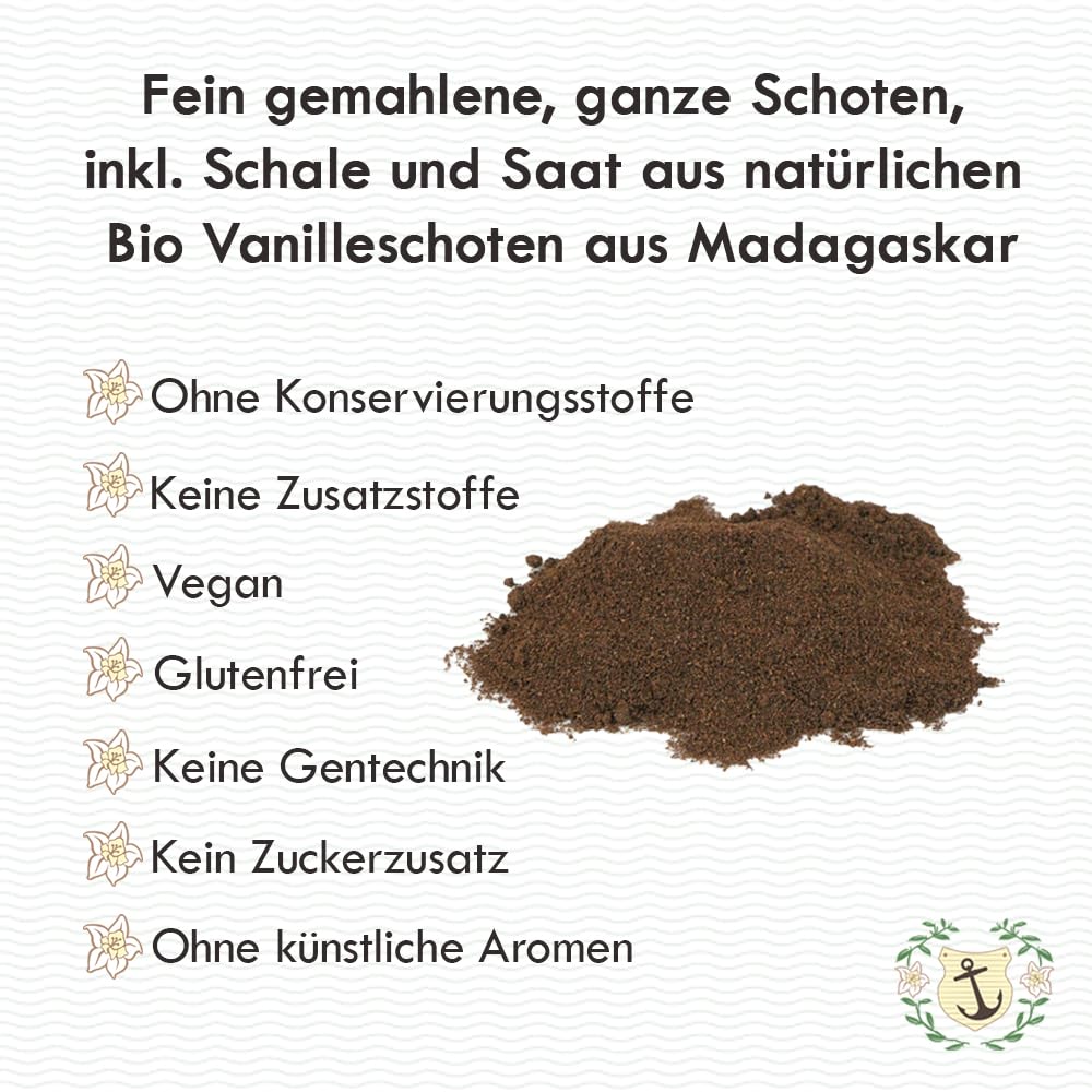 40g Bio Vanillepulver aus Madagaskar | gemahlene Bourbon Vanilleschoten aus k.b.A. | zum Backen und Kochen | Pures Vanille Aroma | Top Vanille Qualität