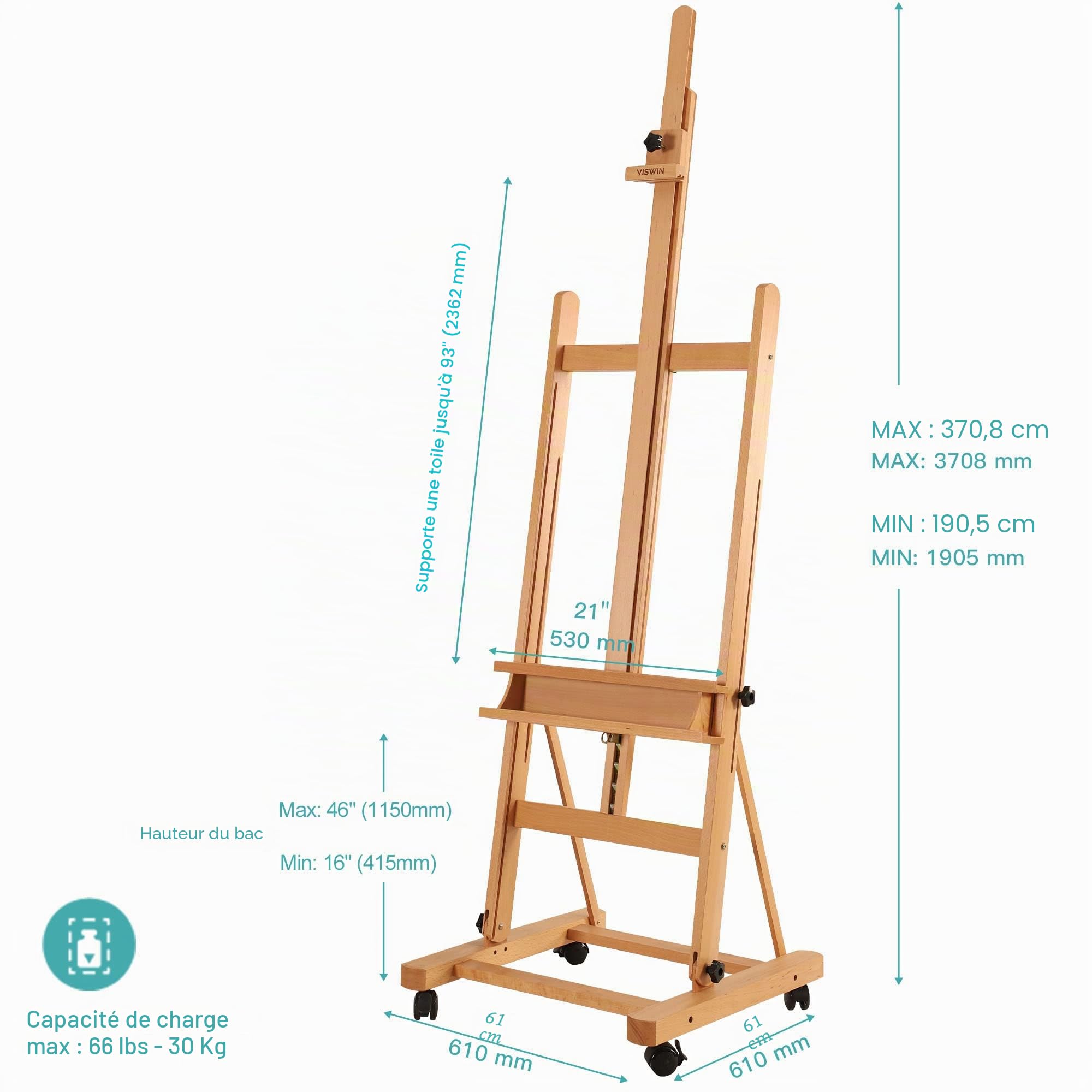 VISWIN Chevalet Peinture en H Élargi, Chevalet Grand et Réglableen Bois de Hêtre avec 4 Roues & Plateau, Chevalet Professionnel d'Atelier pour Adultes, Artistes