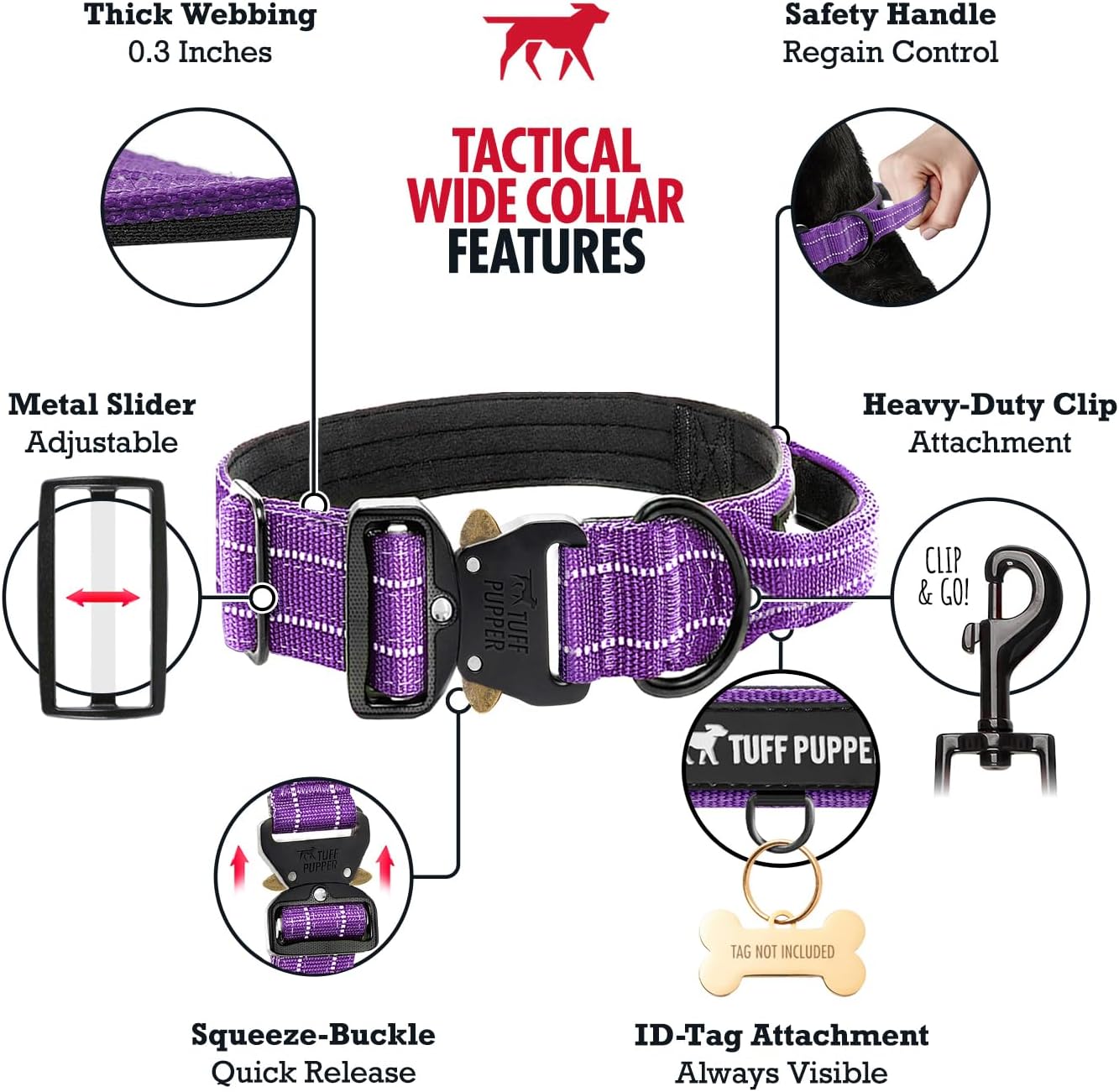 Tuff Pupper Tactical Dog Collar with Handle | Heavy Duty Adjustable Dog Collar | Military Nylon Collar for Medium Dogs | Quick-Release Buckle | Soft Padded Comfort | Training Control (Purple, Medium) Cobra Buckle + Handle Medium - 14.5-18 Inch Neck Royal Purple