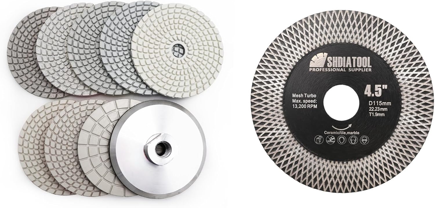 SHDIATOOL 4 - Inch Diamond Polishing Pads Wet Set of 8Pcs Plus An Aluminum Backer for Marble Granite Stone