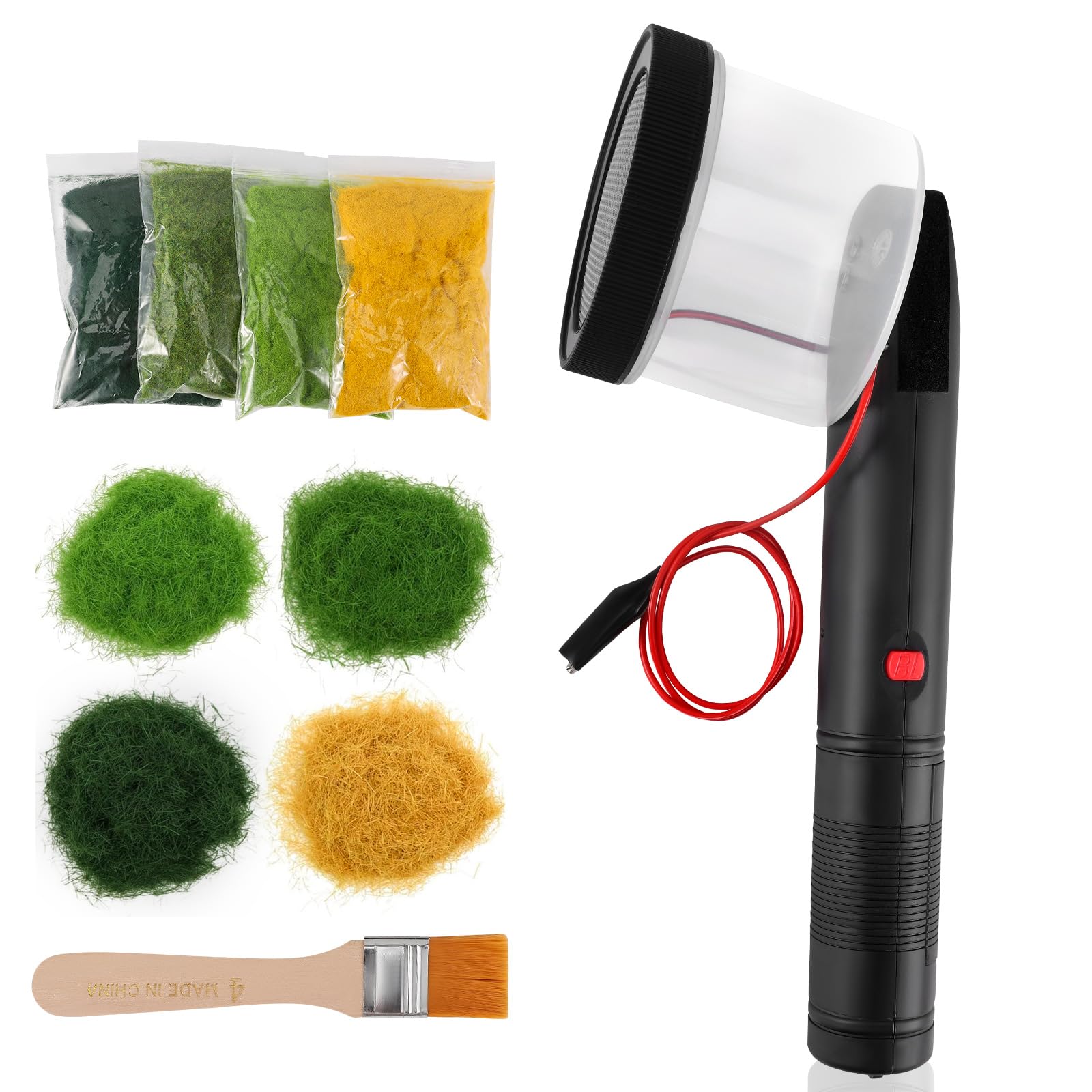 HuuppHip Mini Static Grass Applicator, 4 Colors 4 Grass for Flocking Machine, Mini Applicator with Anti-Slip Handle Ideal for DIY Scenic Modelling and Sand Table Craft Accessory